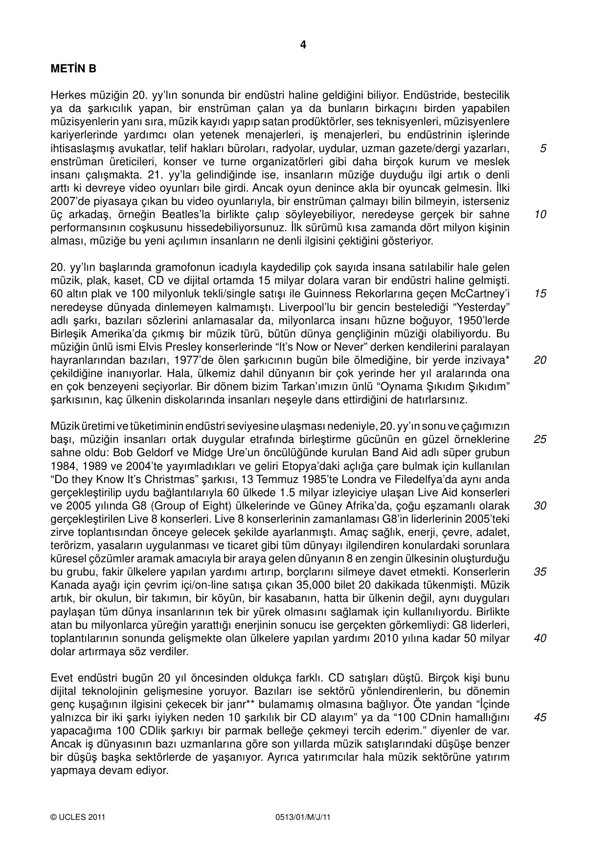 Cambridge IGCSE Turkish - First Language 0513 2011 May/June Paper 1 · Variant 1 question paper, page 4 of 8