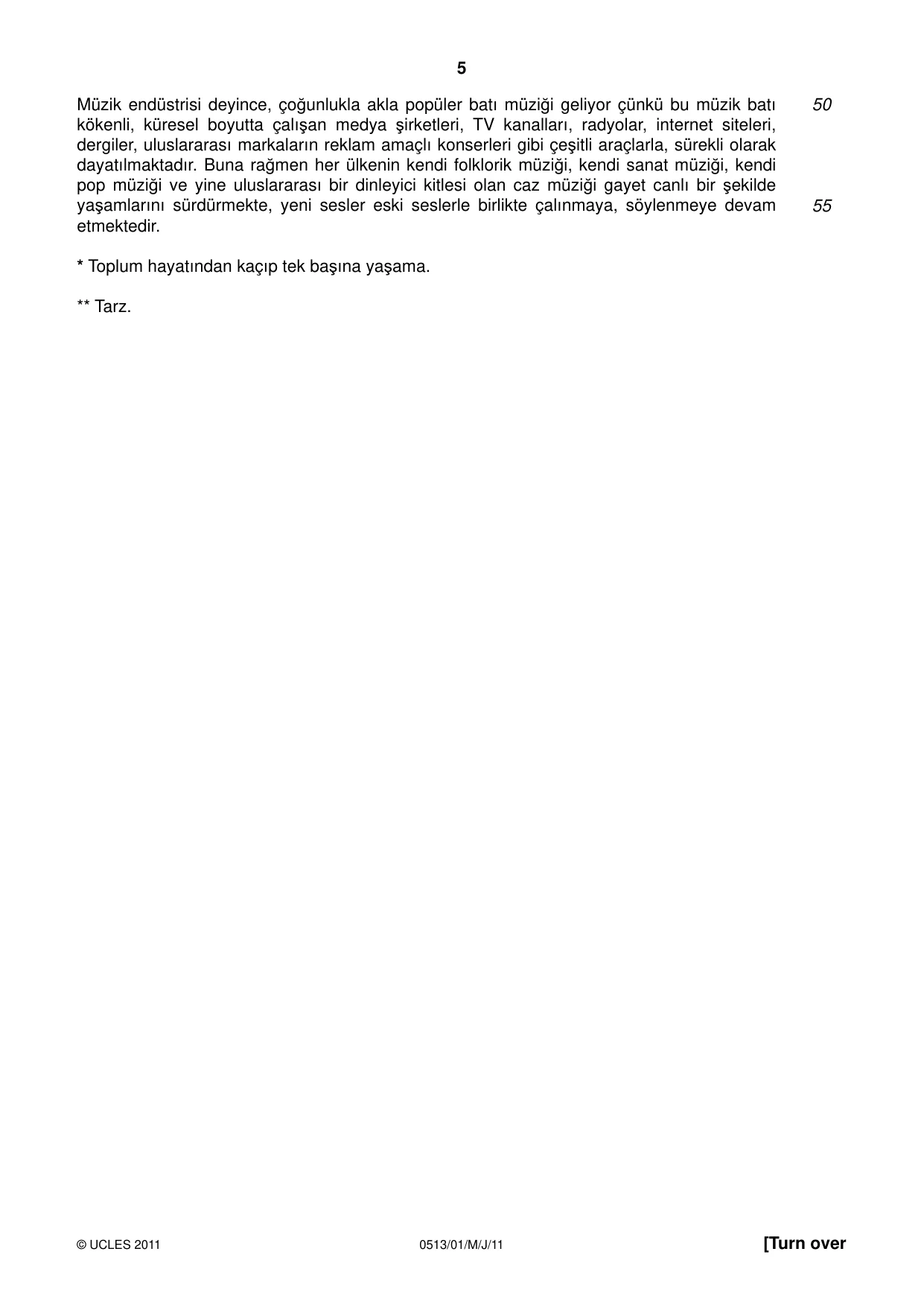 Cambridge IGCSE Turkish - First Language 0513 2011 May/June Paper 1 · Variant 1 question paper, page 5 of 8