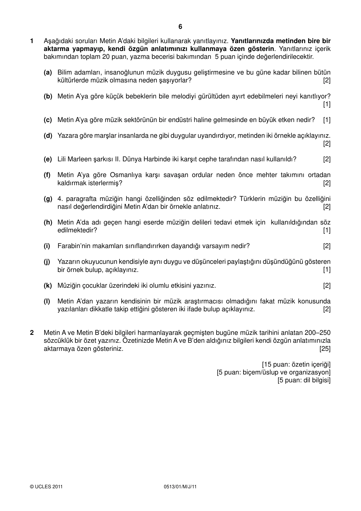 Cambridge IGCSE Turkish - First Language 0513 2011 May/June Paper 1 · Variant 1 question paper, page 6 of 8