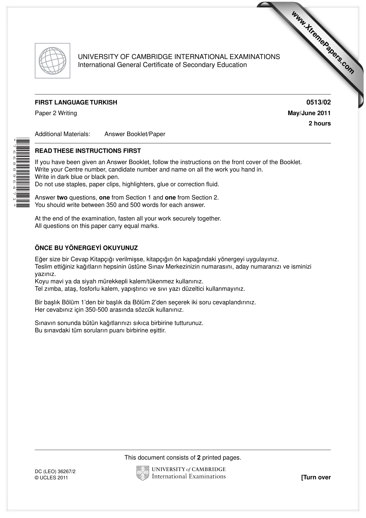 Cambridge IGCSE Turkish - First Language 0513 2011 May/June Paper 2 · Variant 1 question paper, page 1 of 2