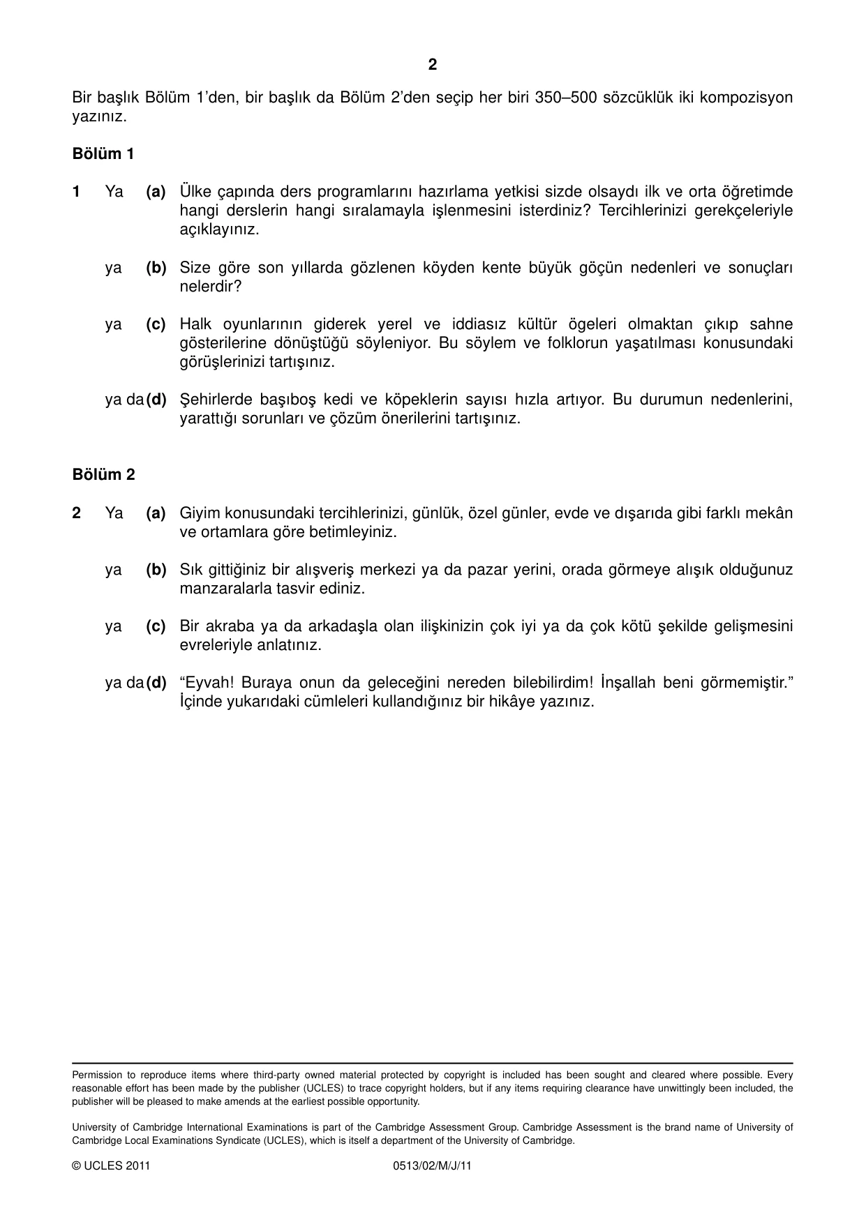 Cambridge IGCSE Turkish - First Language 0513 2011 May/June Paper 2 · Variant 1 question paper, page 2 of 2