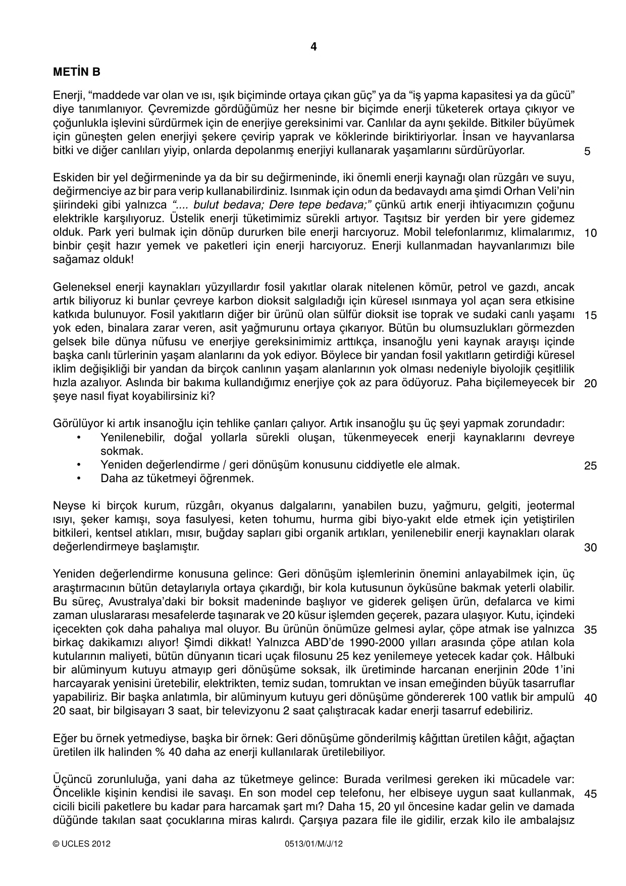 Cambridge IGCSE Turkish - First Language 0513 2012 May/June Paper 1 · Variant 1 question paper, page 4 of 8
