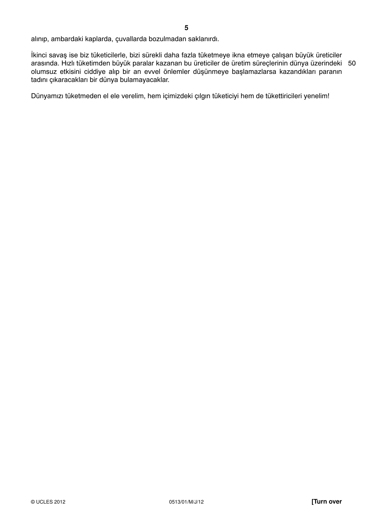 Cambridge IGCSE Turkish - First Language 0513 2012 May/June Paper 1 · Variant 1 question paper, page 5 of 8