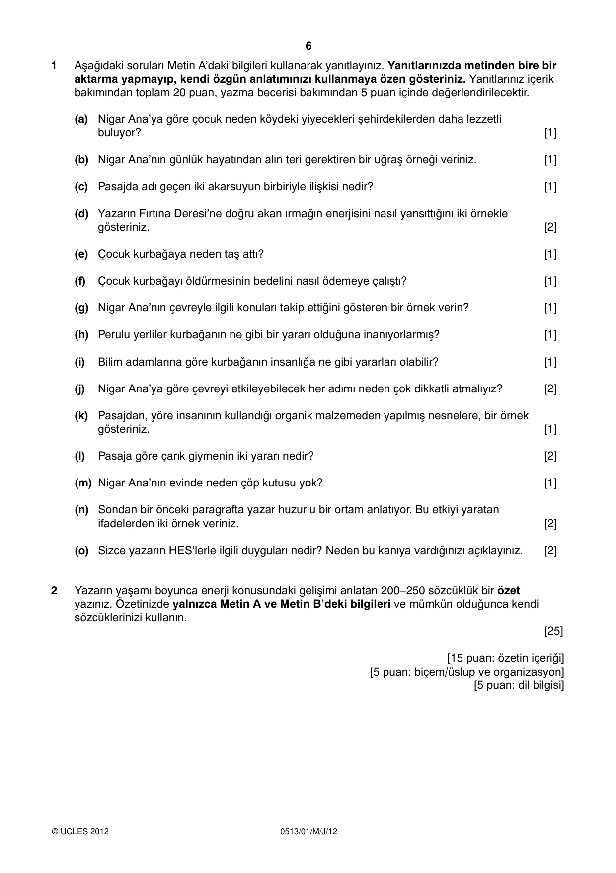 Cambridge IGCSE Turkish - First Language 0513 2012 May/June Paper 1 · Variant 1 question paper, page 6 of 8