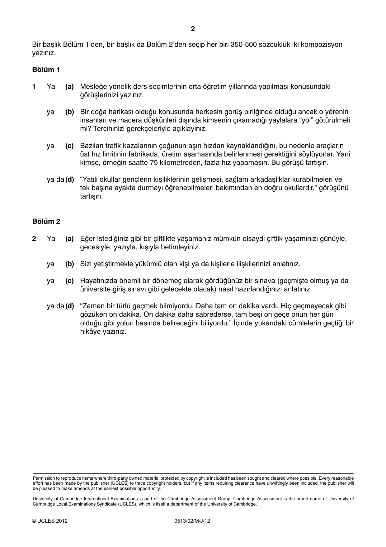 Cambridge IGCSE Turkish - First Language 0513 2012 May/June Paper 2 · Variant 1 question paper, page 2 of 2