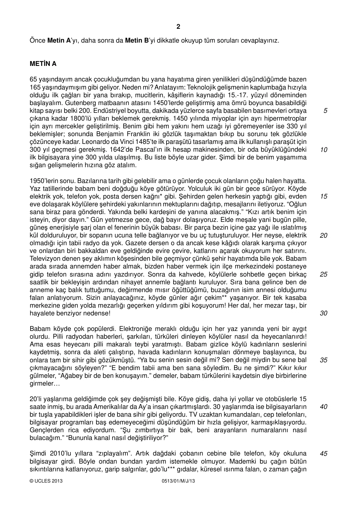 Cambridge IGCSE Turkish - First Language 0513 2013 May/June Paper 1 · Variant 1 question paper, page 2 of 8