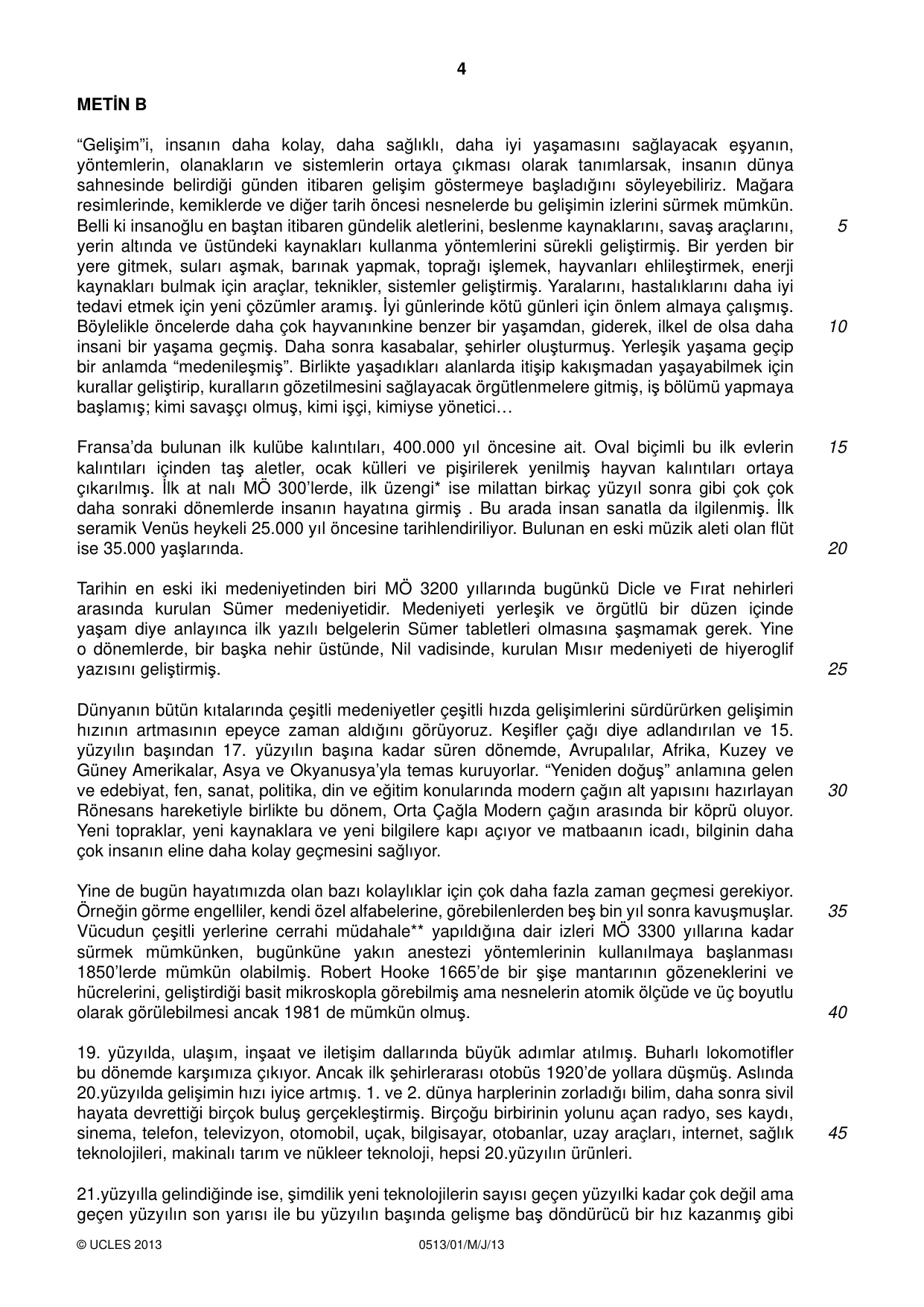 Cambridge IGCSE Turkish - First Language 0513 2013 May/June Paper 1 · Variant 1 question paper, page 4 of 8