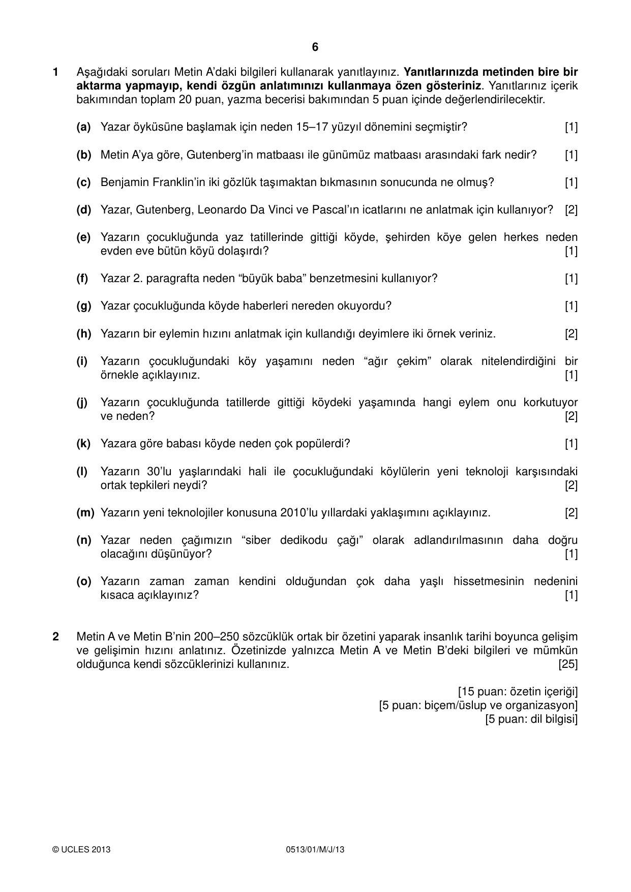 Cambridge IGCSE Turkish - First Language 0513 2013 May/June Paper 1 · Variant 1 question paper, page 6 of 8