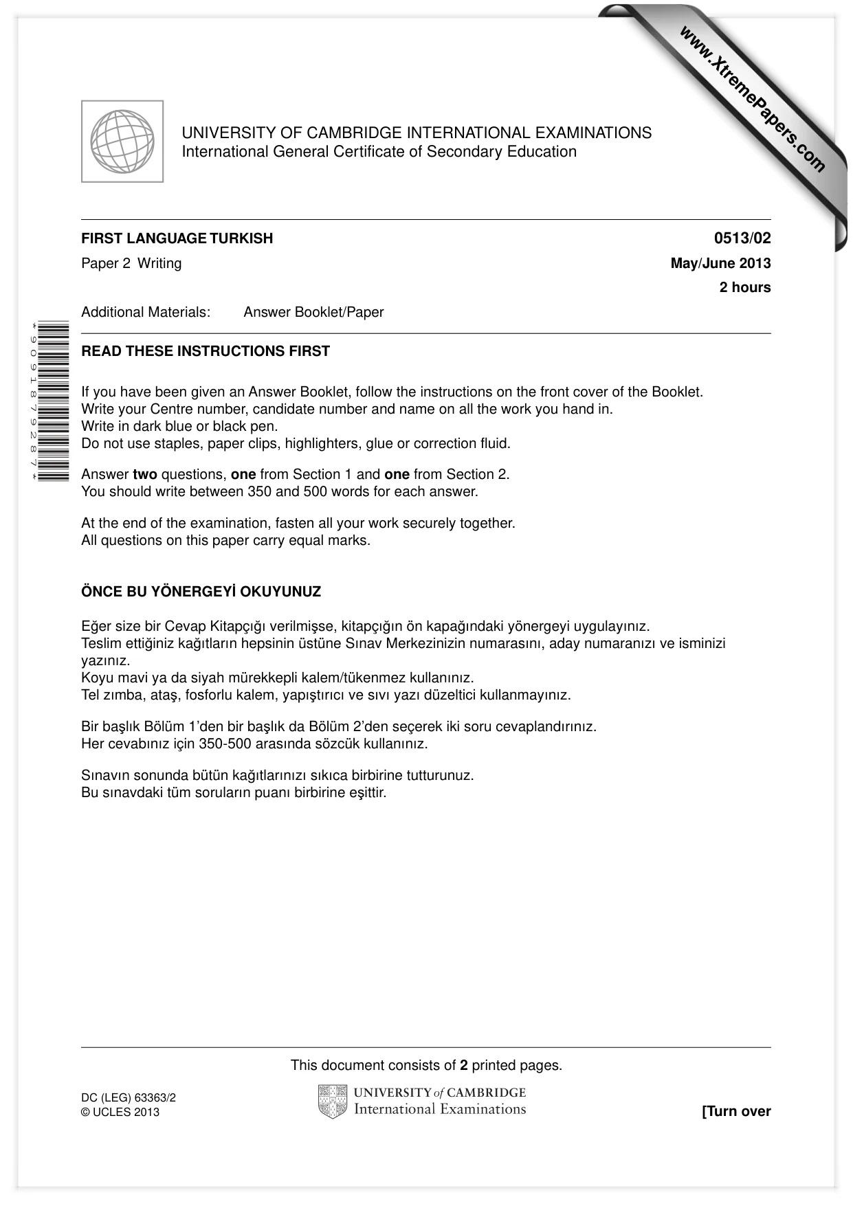 Cambridge IGCSE Turkish - First Language 0513 2013 May/June Paper 2 · Variant 1 question paper, page 1 of 2