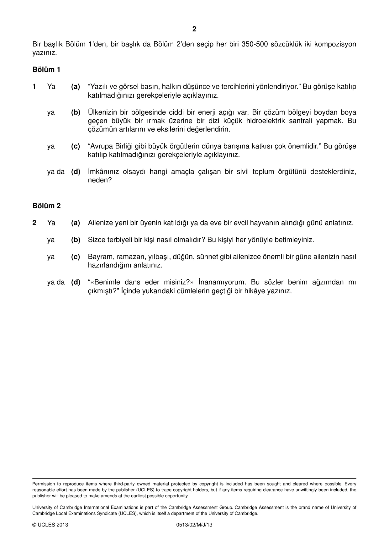 Cambridge IGCSE Turkish - First Language 0513 2013 May/June Paper 2 · Variant 1 question paper, page 2 of 2