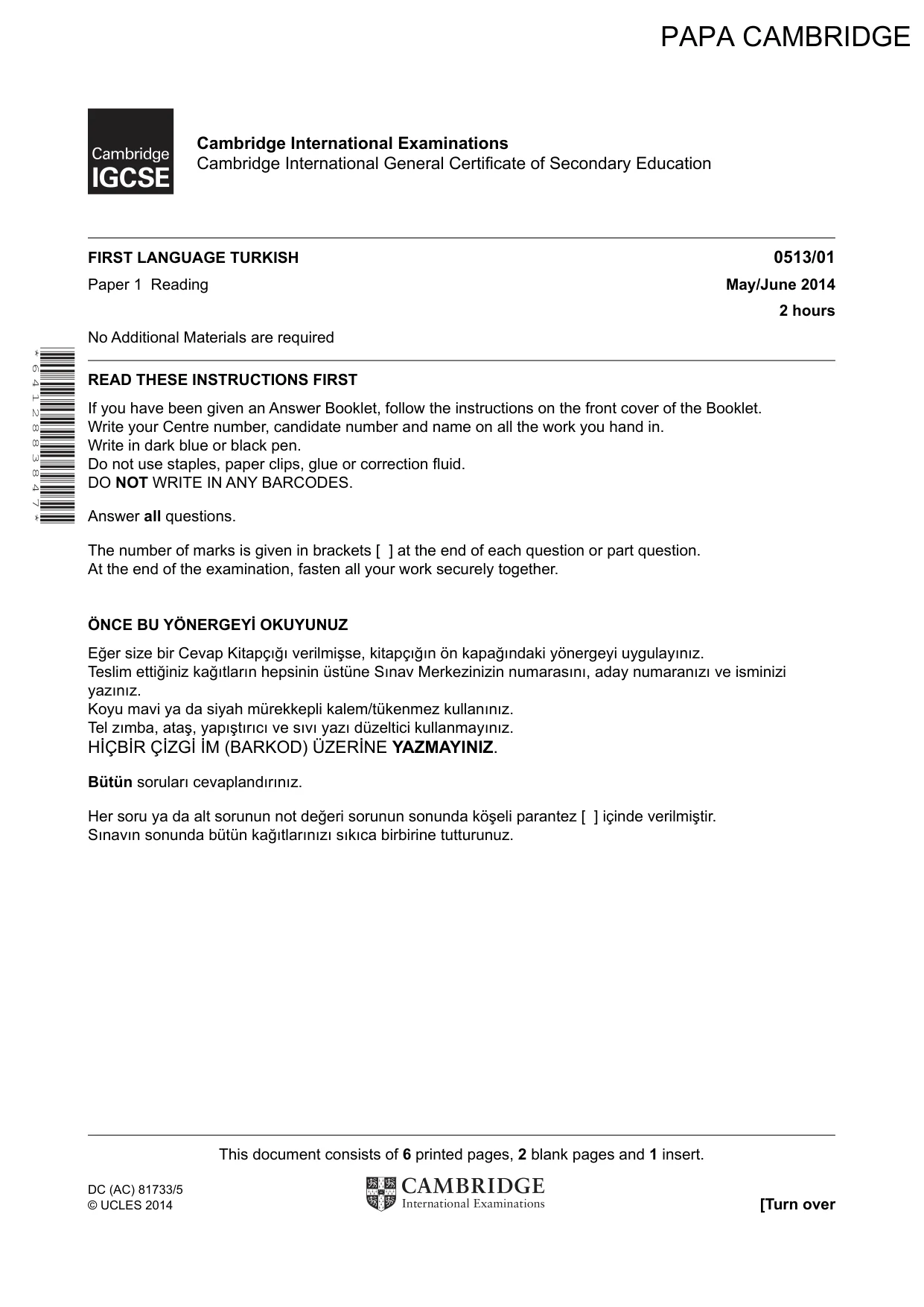 Cambridge IGCSE Turkish - First Language 0513 2014 May/June Paper 1 · Variant 1 question paper, page 1 of 8