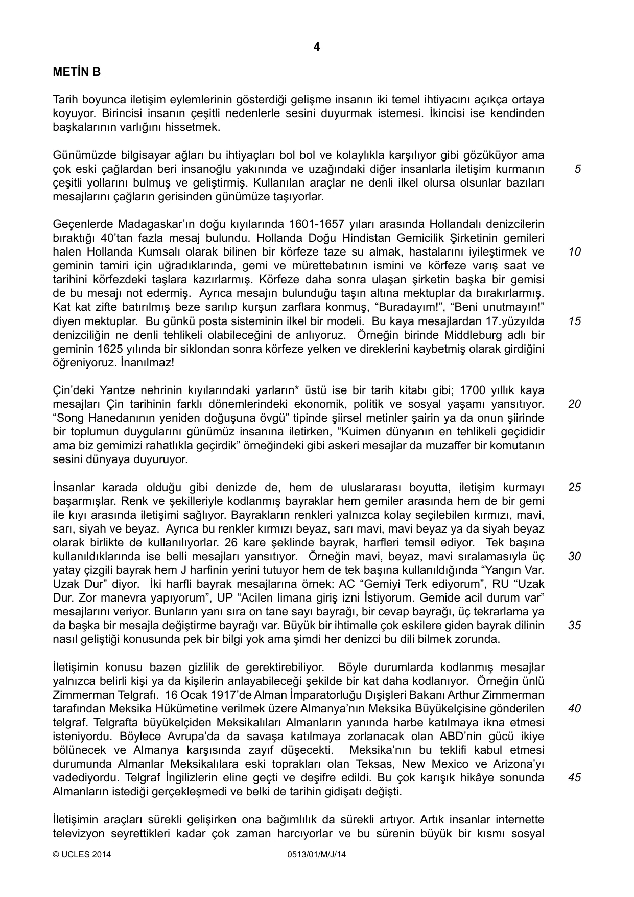 Cambridge IGCSE Turkish - First Language 0513 2014 May/June Paper 1 · Variant 1 question paper, page 4 of 8