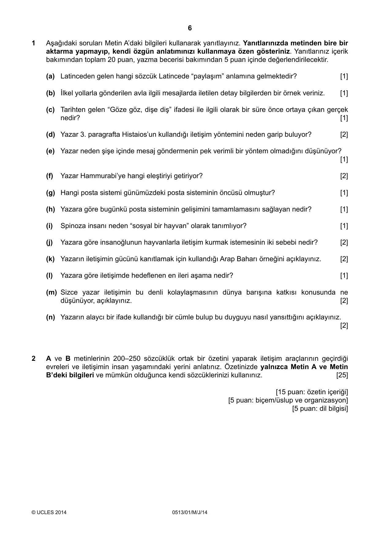 Cambridge IGCSE Turkish - First Language 0513 2014 May/June Paper 1 · Variant 1 question paper, page 6 of 8