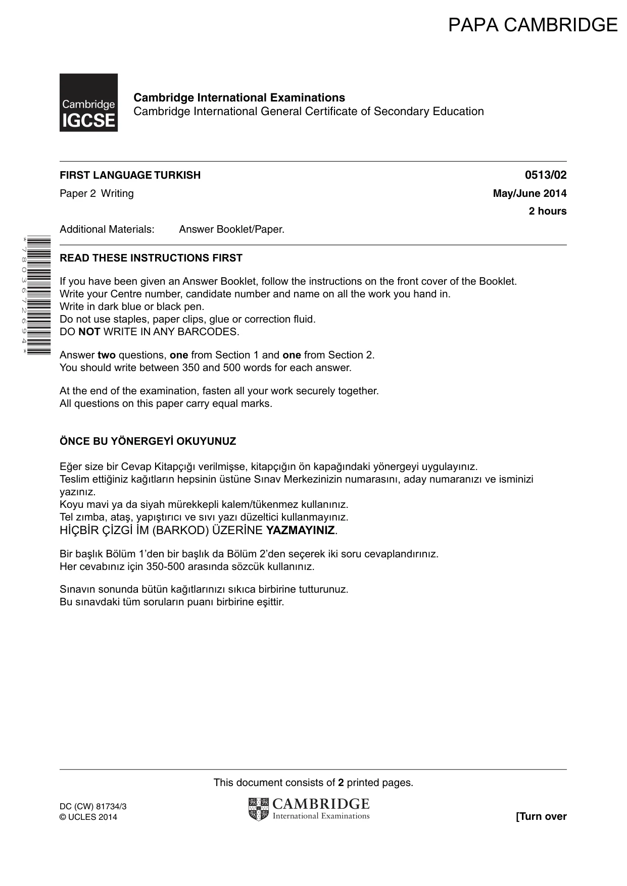Cambridge IGCSE Turkish - First Language 0513 2014 May/June Paper 2 · Variant 1 question paper, page 1 of 2