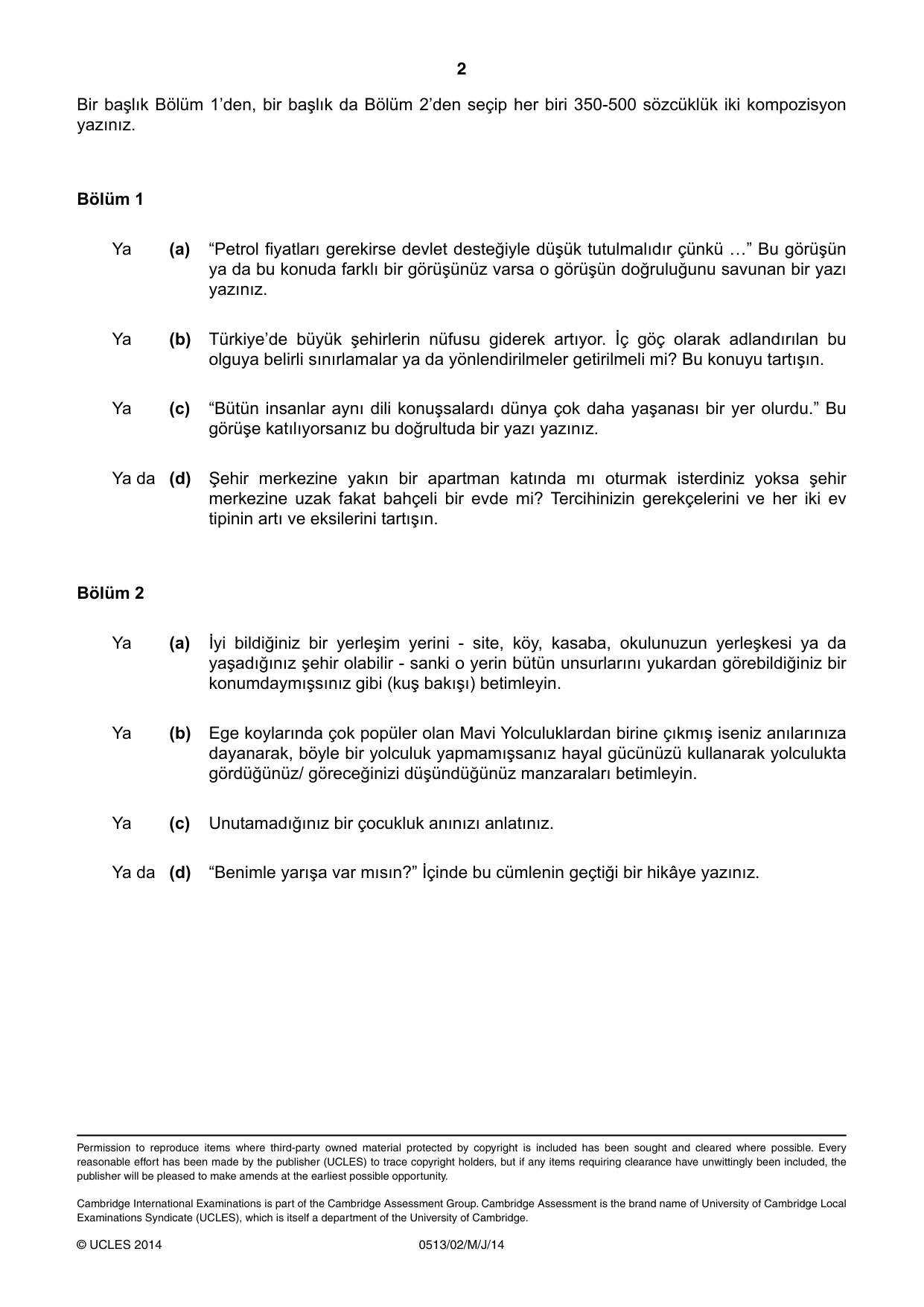 Cambridge IGCSE Turkish - First Language 0513 2014 May/June Paper 2 · Variant 1 question paper, page 2 of 2