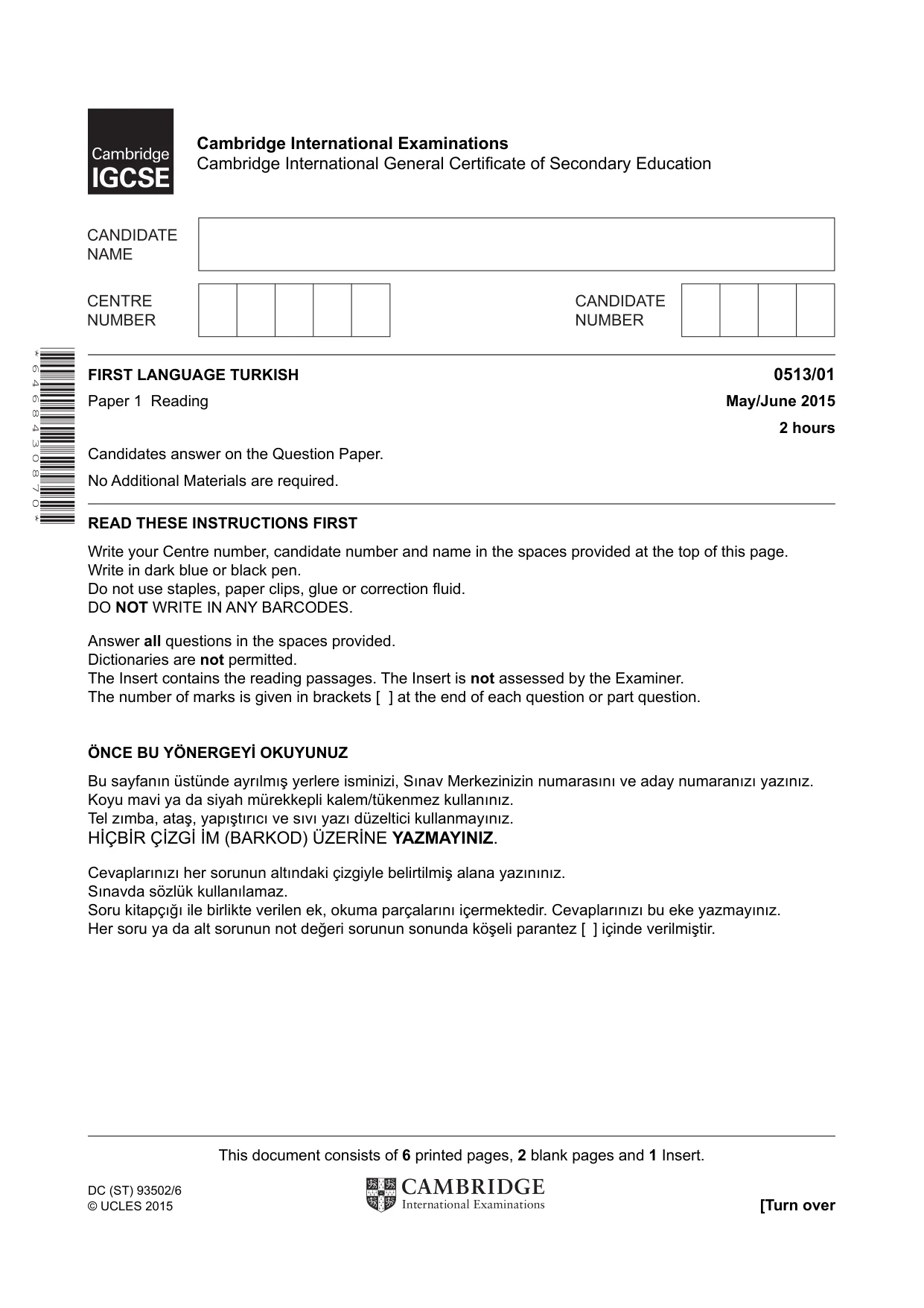 Cambridge IGCSE Turkish - First Language 0513 2015 May/June Paper 1 · Variant 1 question paper, page 1 of 8