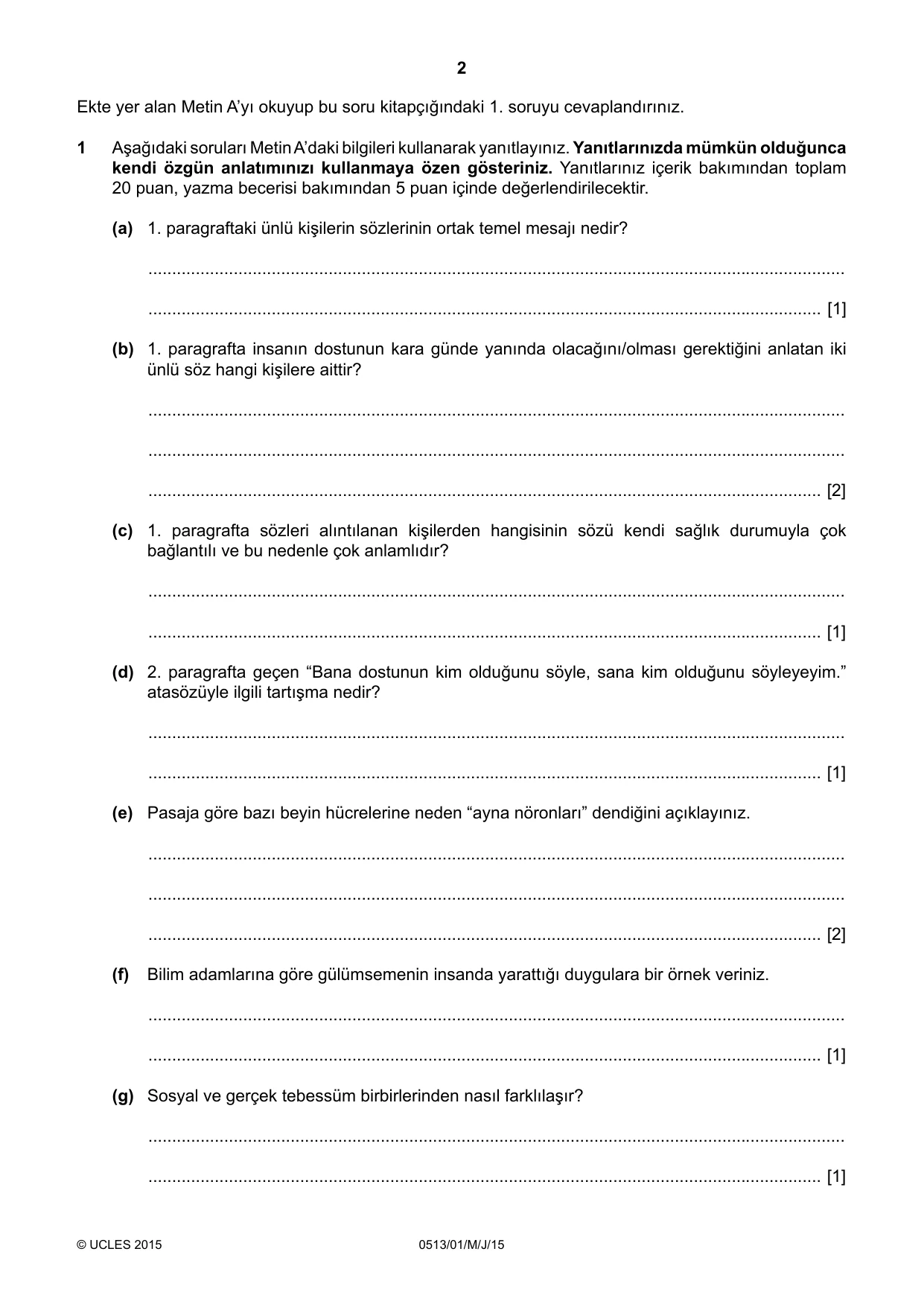 Cambridge IGCSE Turkish - First Language 0513 2015 May/June Paper 1 · Variant 1 question paper, page 2 of 8