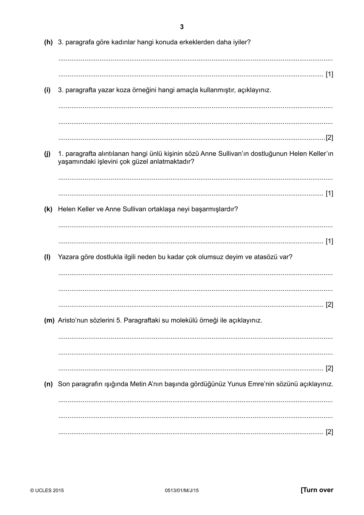 Cambridge IGCSE Turkish - First Language 0513 2015 May/June Paper 1 · Variant 1 question paper, page 3 of 8