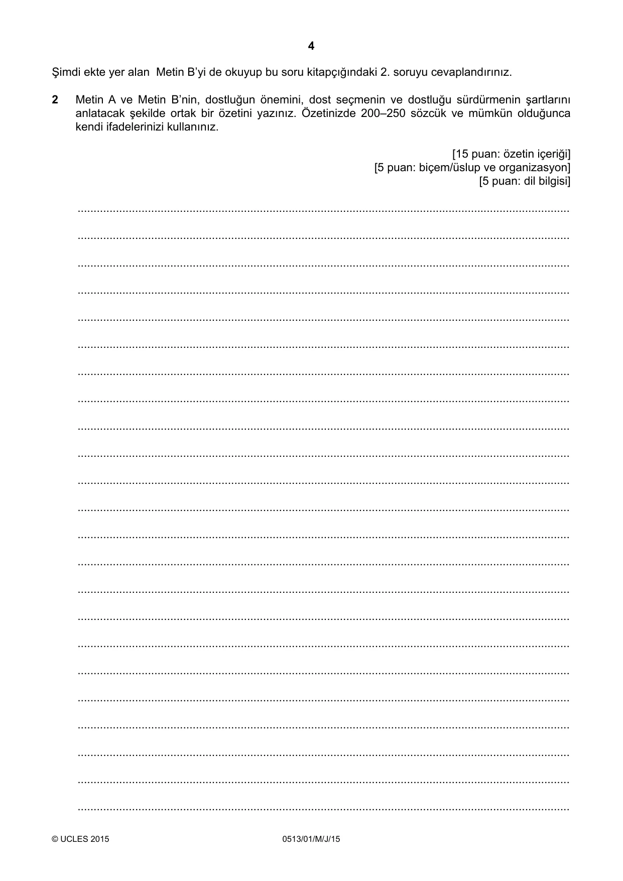 Cambridge IGCSE Turkish - First Language 0513 2015 May/June Paper 1 · Variant 1 question paper, page 4 of 8