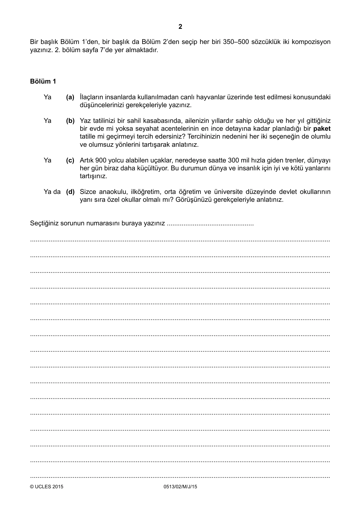 Cambridge IGCSE Turkish - First Language 0513 2015 May/June Paper 2 · Variant 1 question paper, page 2 of 12