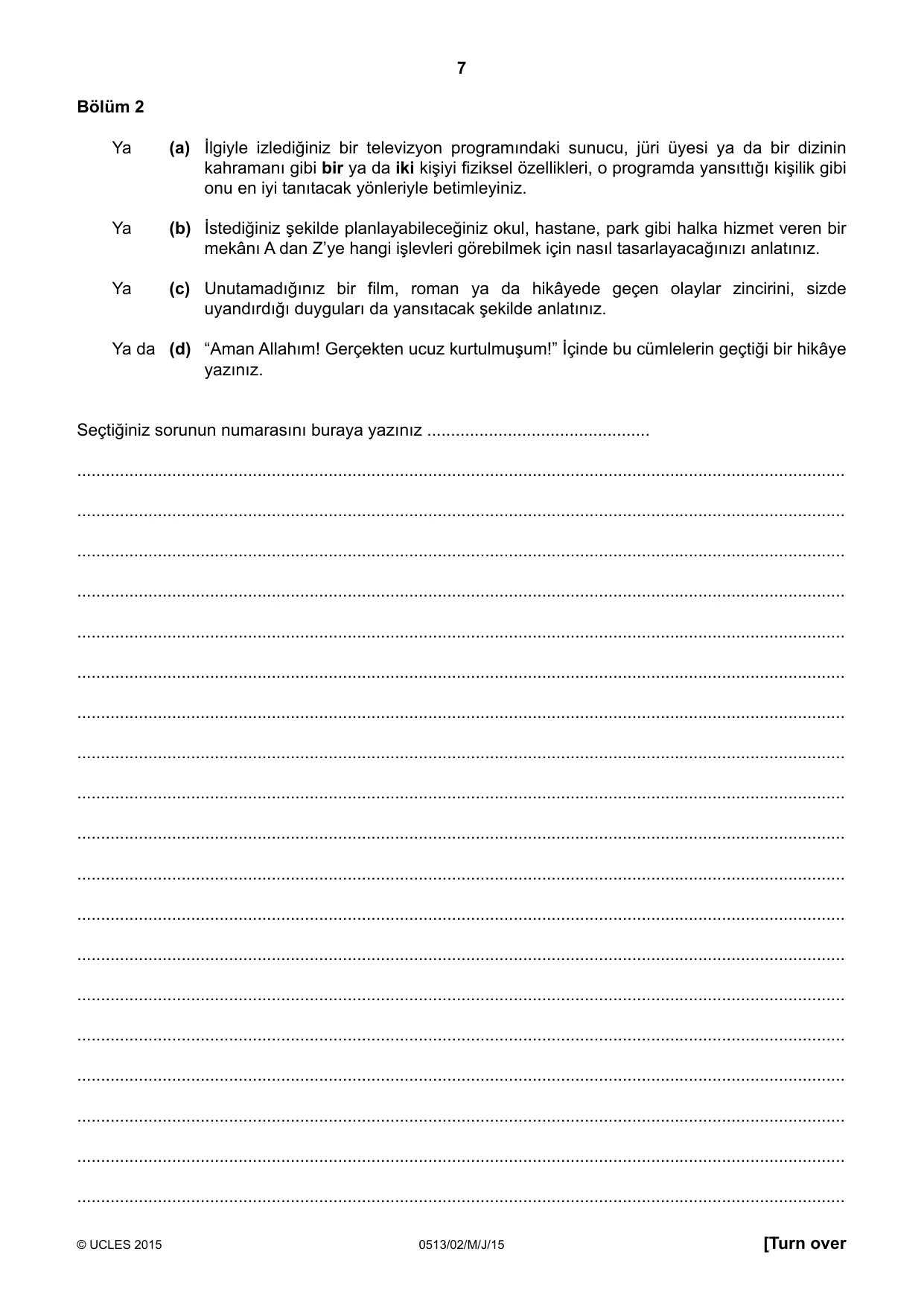 Cambridge IGCSE Turkish - First Language 0513 2015 May/June Paper 2 · Variant 1 question paper, page 7 of 12