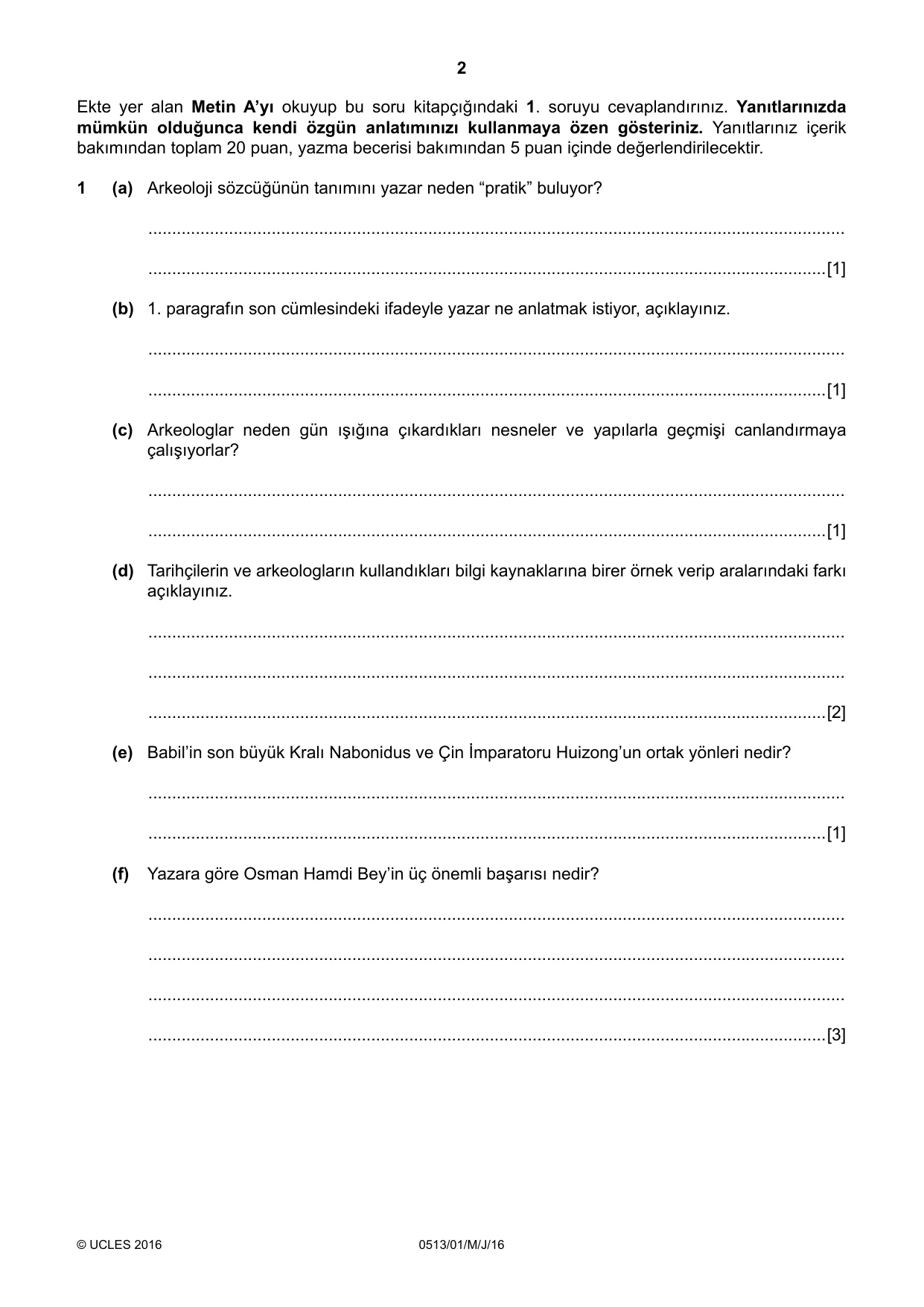 Cambridge IGCSE Turkish - First Language 0513 2016 May/June Paper 1 · Variant 0 question paper, page 2 of 8