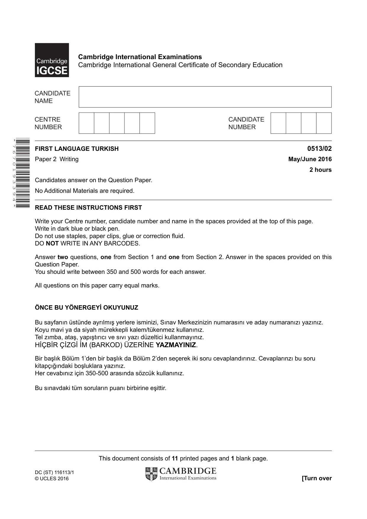 Cambridge IGCSE Turkish - First Language 0513 2016 May/June Paper 2 · Variant 0 question paper, page 1 of 12