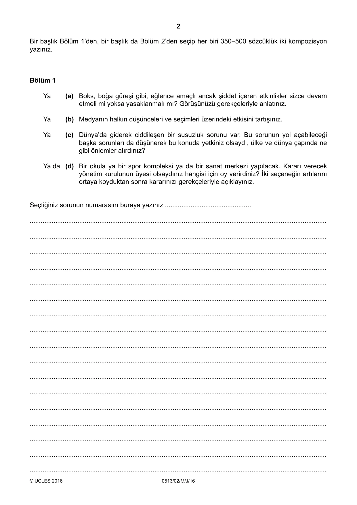 Cambridge IGCSE Turkish - First Language 0513 2016 May/June Paper 2 · Variant 0 question paper, page 2 of 12