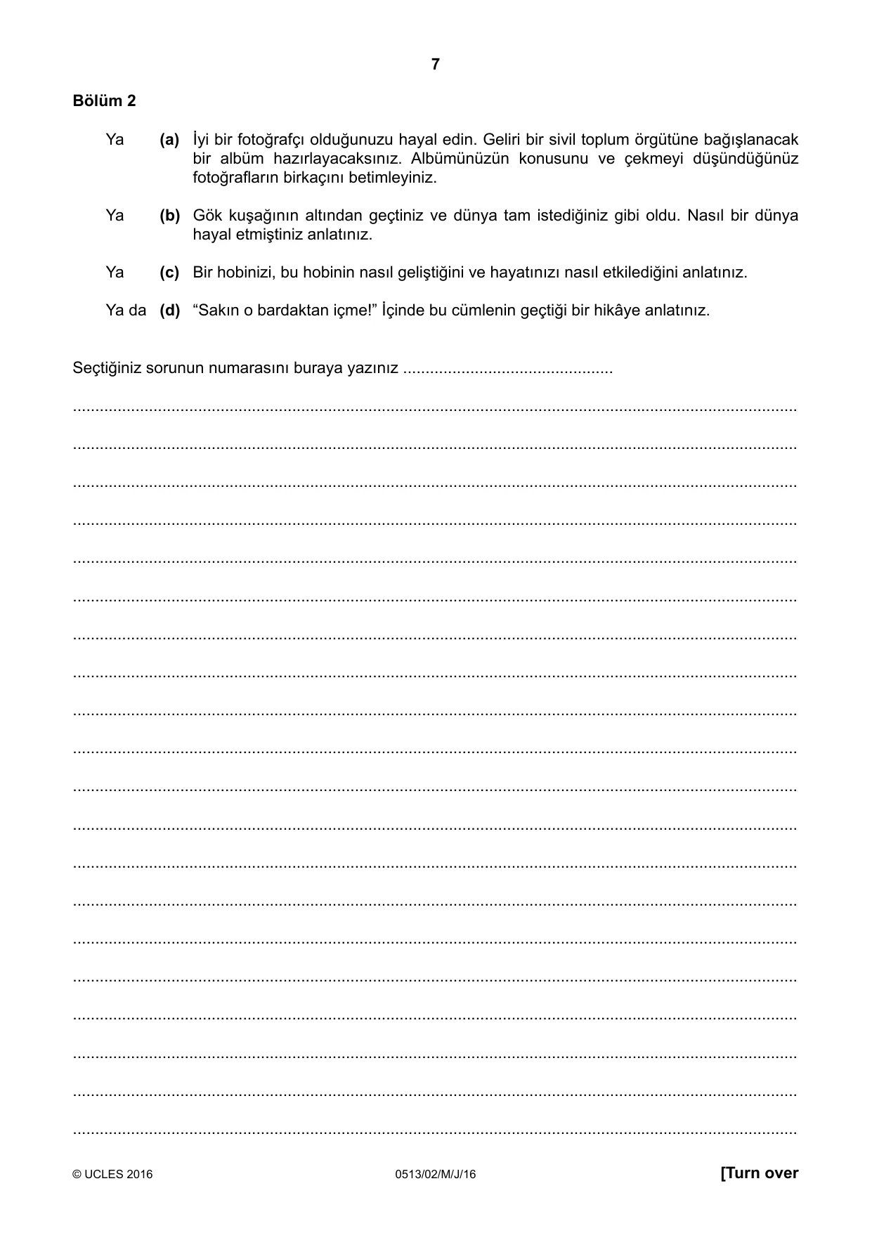 Cambridge IGCSE Turkish - First Language 0513 2016 May/June Paper 2 · Variant 0 question paper, page 7 of 12