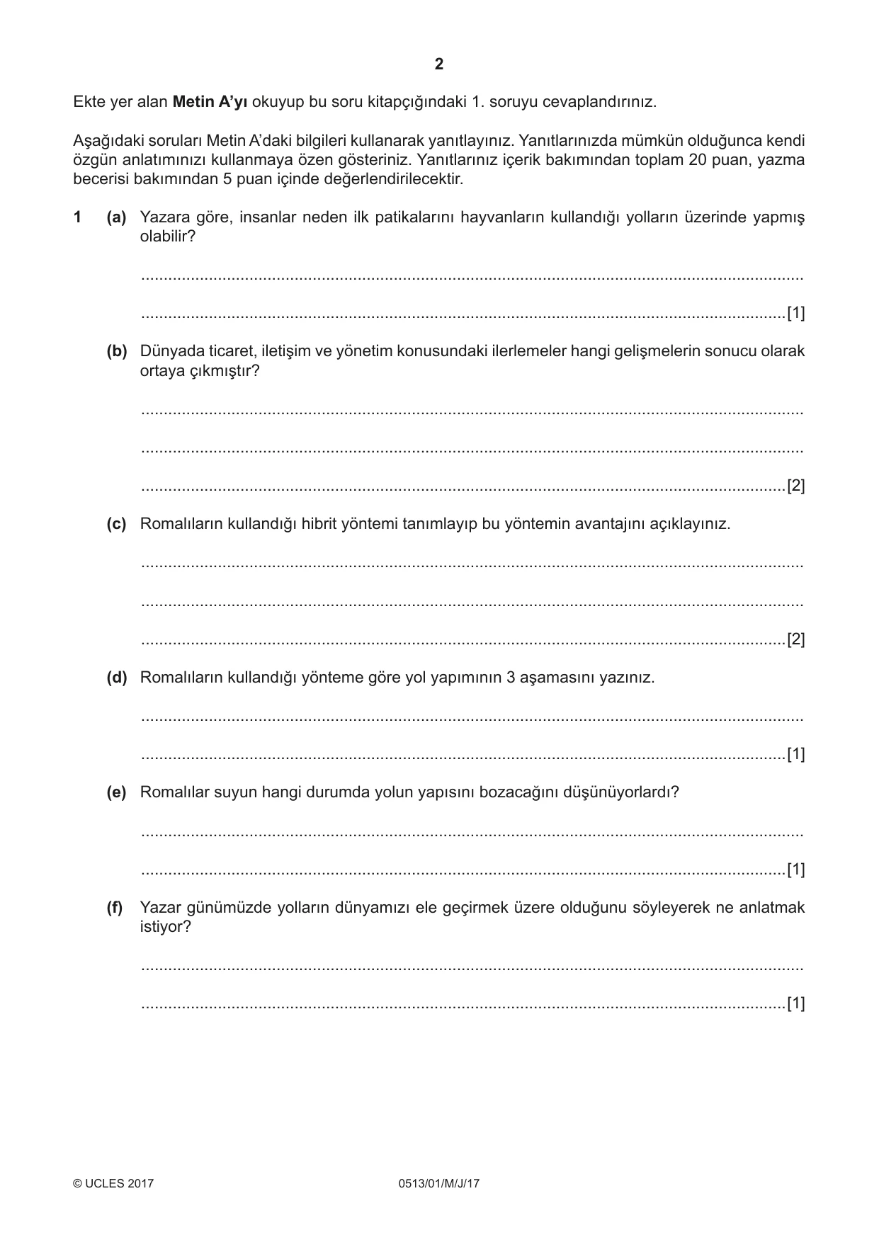 Cambridge IGCSE Turkish - First Language 0513 2017 May/June Paper 1 · Variant 1 question paper, page 2 of 8