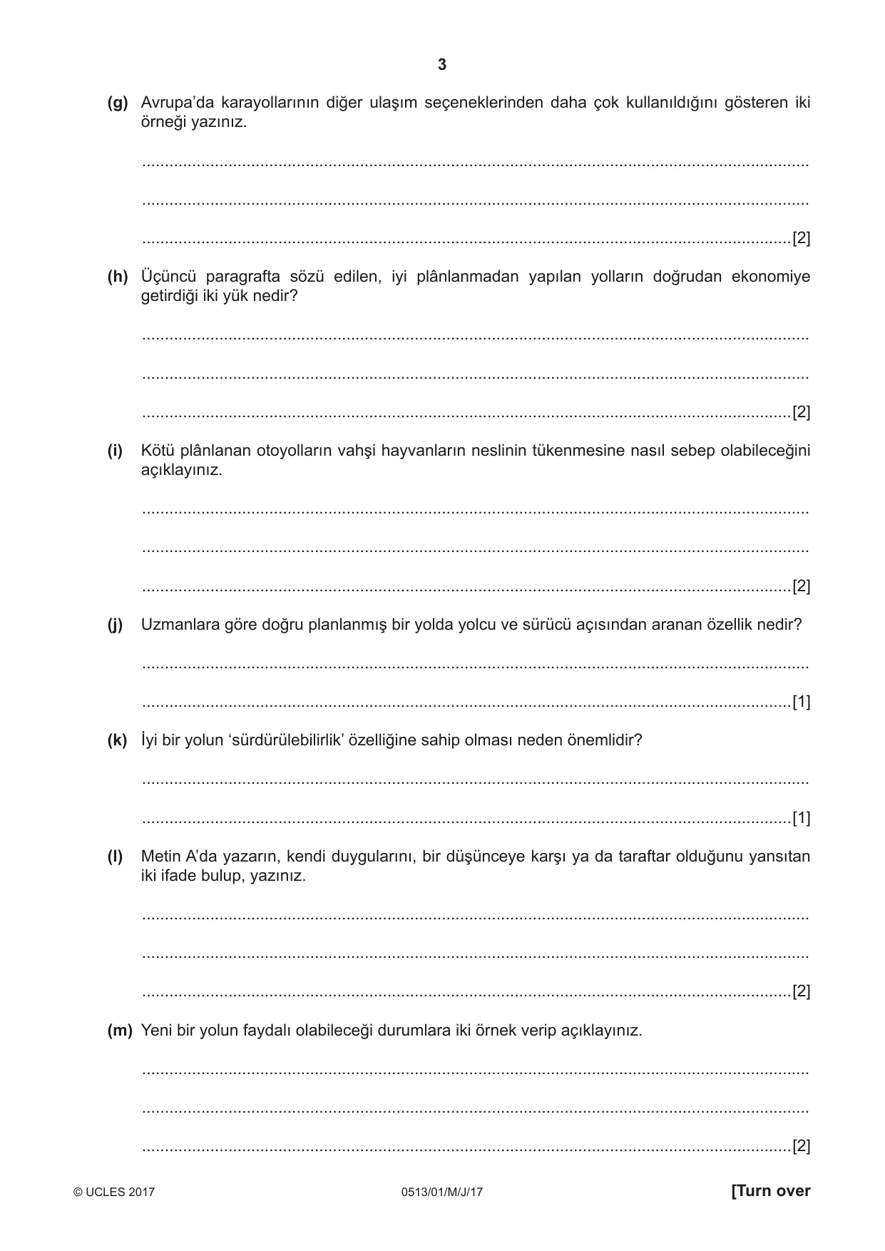 Cambridge IGCSE Turkish - First Language 0513 2017 May/June Paper 1 · Variant 1 question paper, page 3 of 8