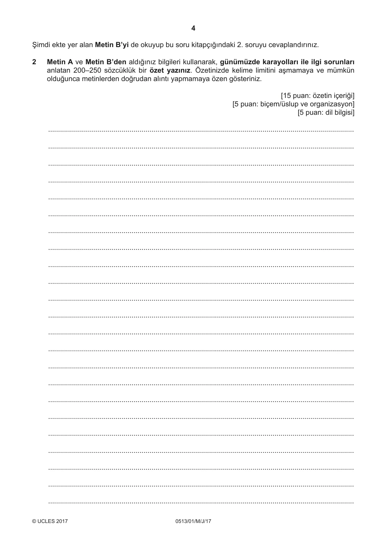 Cambridge IGCSE Turkish - First Language 0513 2017 May/June Paper 1 · Variant 1 question paper, page 4 of 8