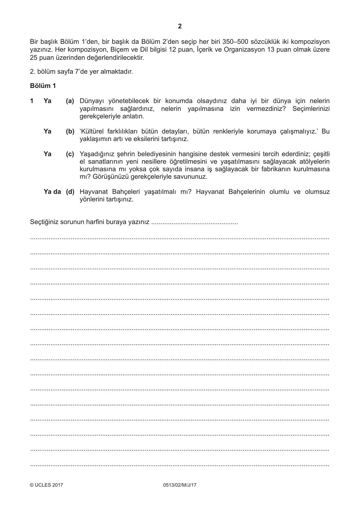 Cambridge IGCSE Turkish - First Language 0513 2017 May/June Paper 2 · Variant 1 question paper, page 2 of 12