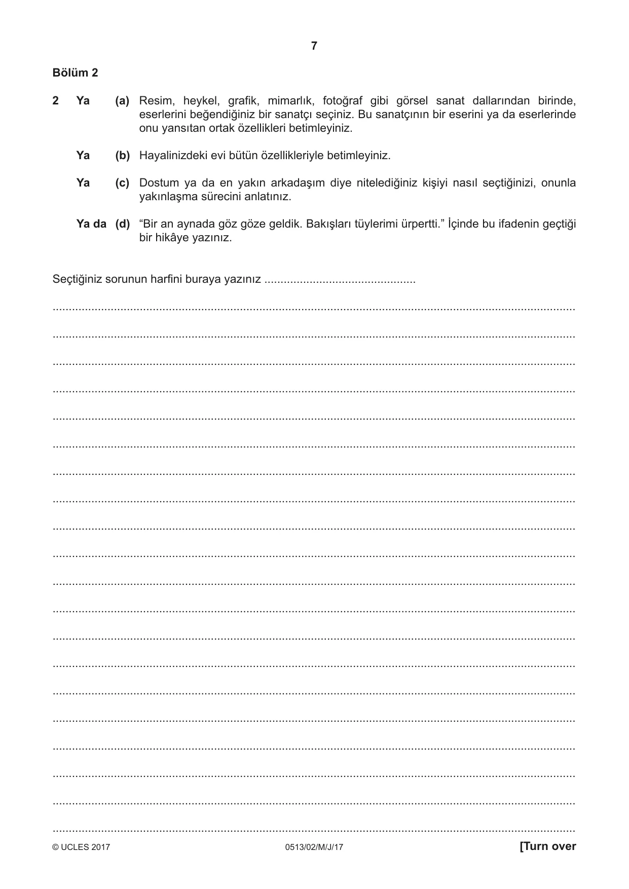 Cambridge IGCSE Turkish - First Language 0513 2017 May/June Paper 2 · Variant 1 question paper, page 7 of 12