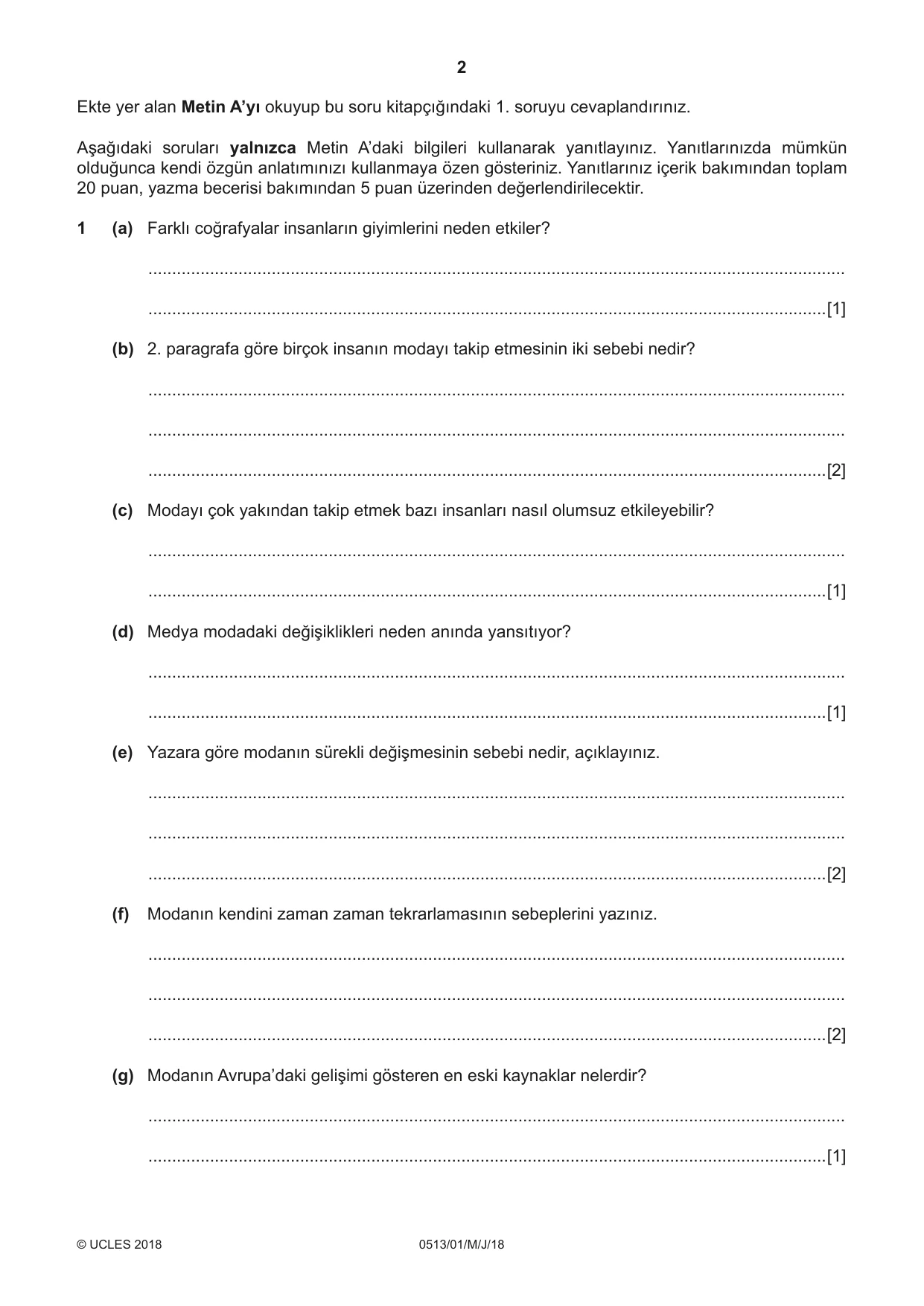 Cambridge IGCSE Turkish - First Language 0513 2018 May/June Paper 1 · Variant 0 question paper, page 2 of 8