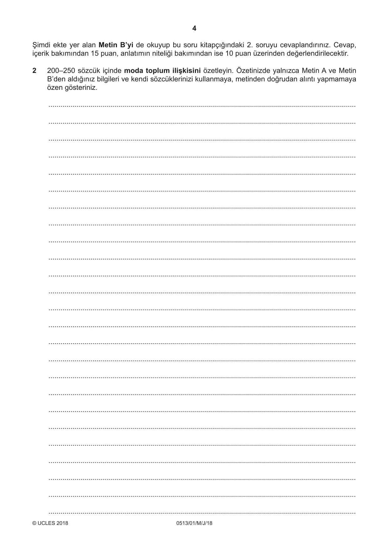 Cambridge IGCSE Turkish - First Language 0513 2018 May/June Paper 1 · Variant 0 question paper, page 4 of 8