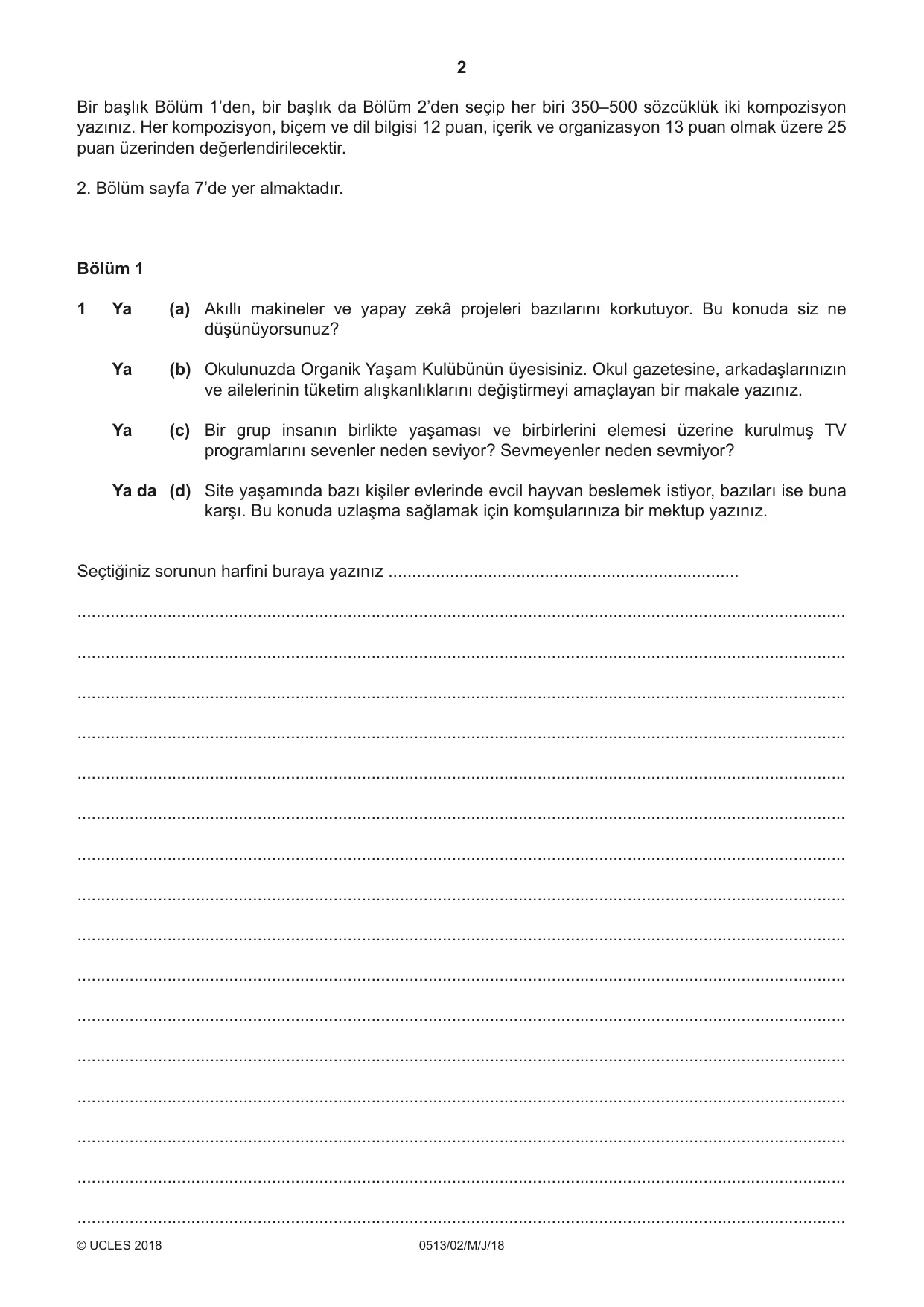 Cambridge IGCSE Turkish - First Language 0513 2018 May/June Paper 2 · Variant 0 question paper, page 2 of 12