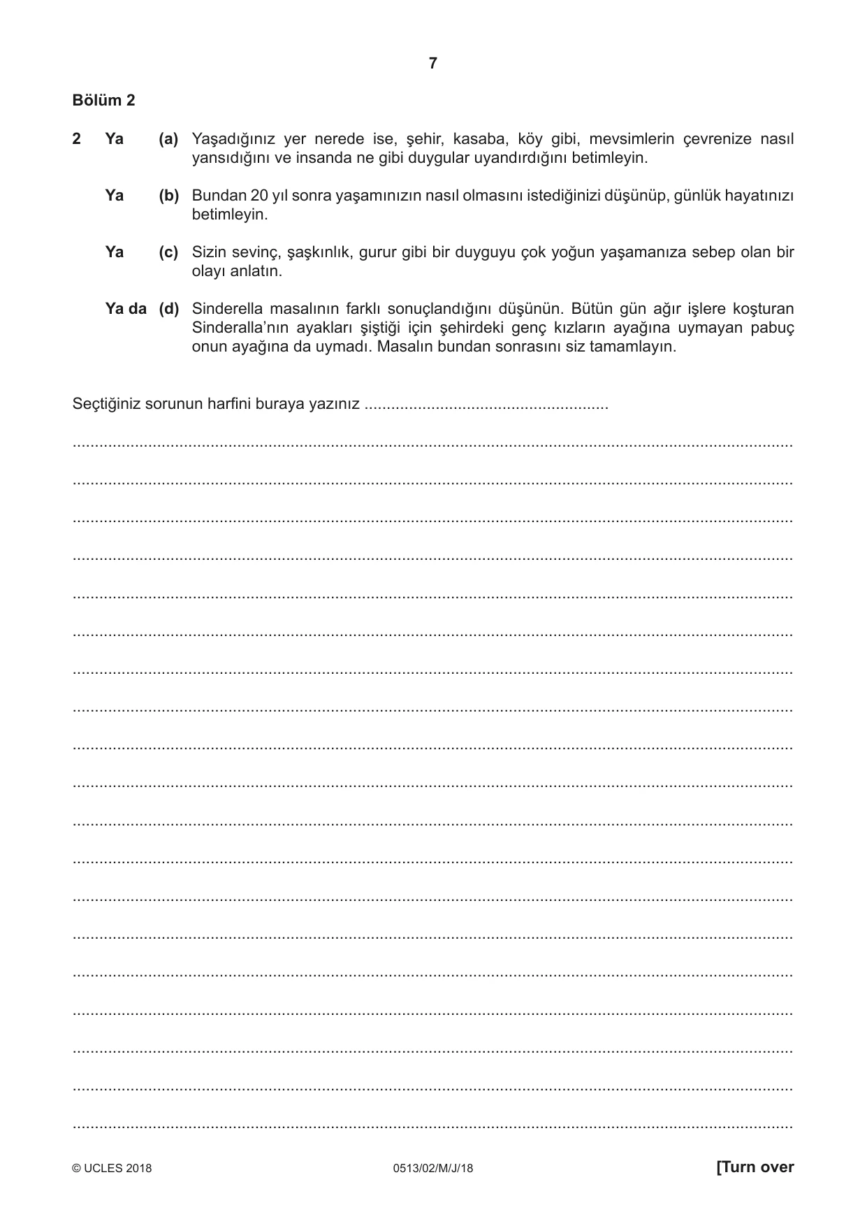 Cambridge IGCSE Turkish - First Language 0513 2018 May/June Paper 2 · Variant 0 question paper, page 7 of 12