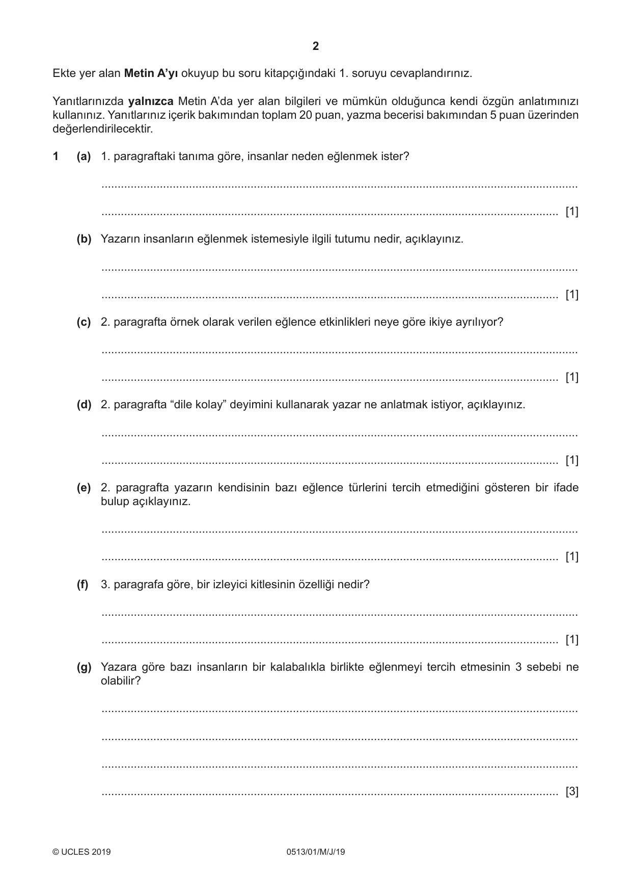 Cambridge IGCSE Turkish - First Language 0513 2019 May/June Paper 1 · Variant 1 question paper, page 2 of 8