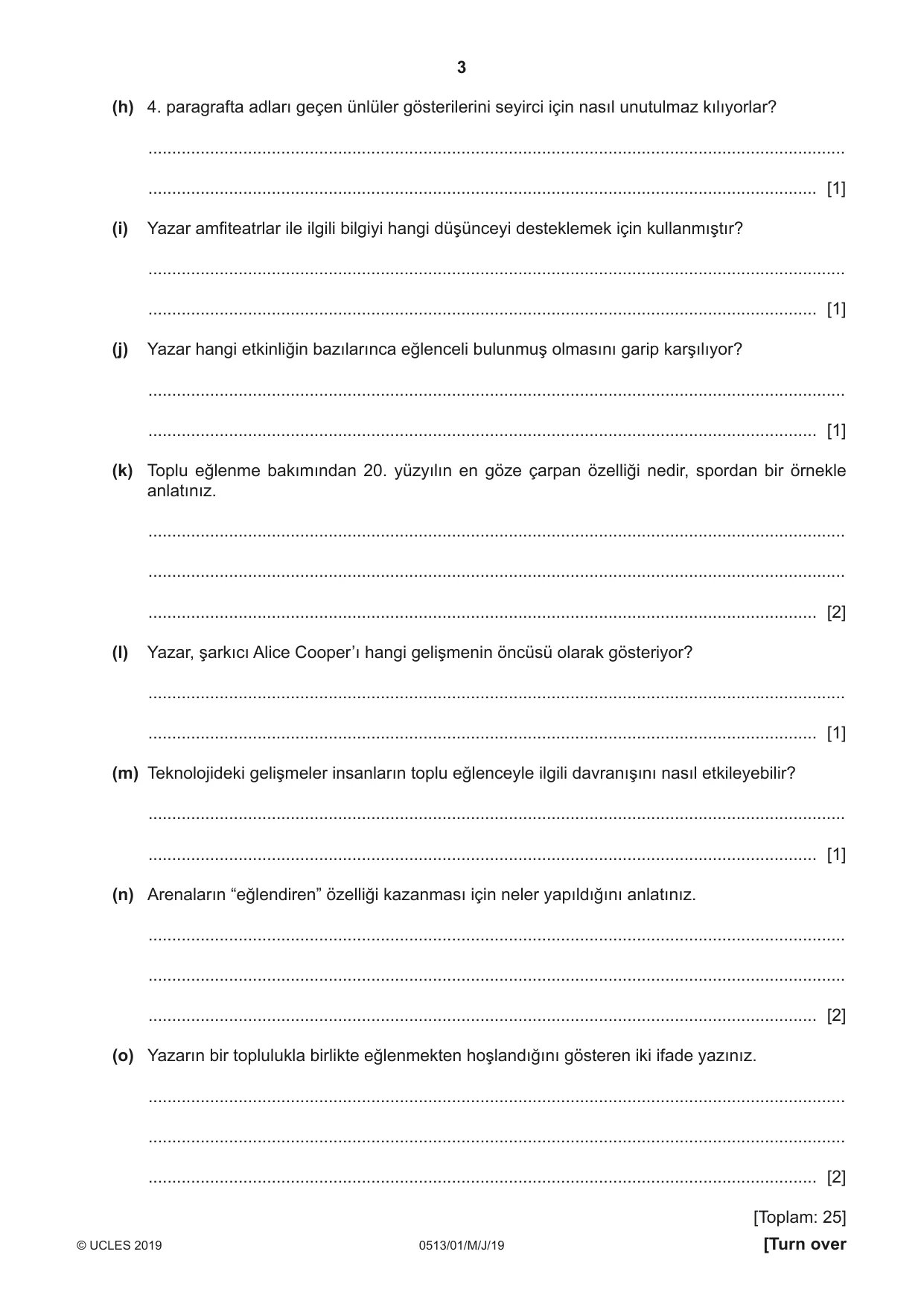 Cambridge IGCSE Turkish - First Language 0513 2019 May/June Paper 1 · Variant 1 question paper, page 3 of 8