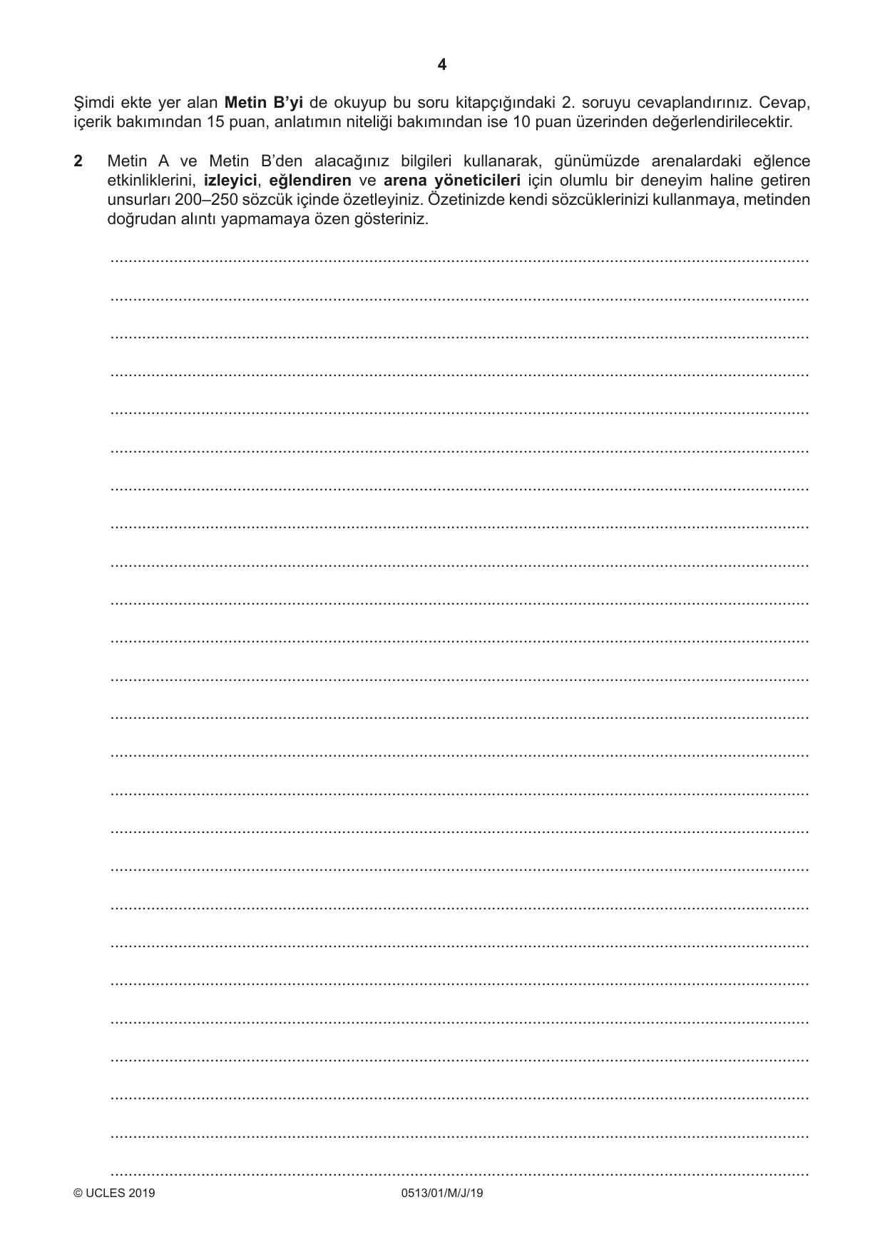Cambridge IGCSE Turkish - First Language 0513 2019 May/June Paper 1 · Variant 1 question paper, page 4 of 8