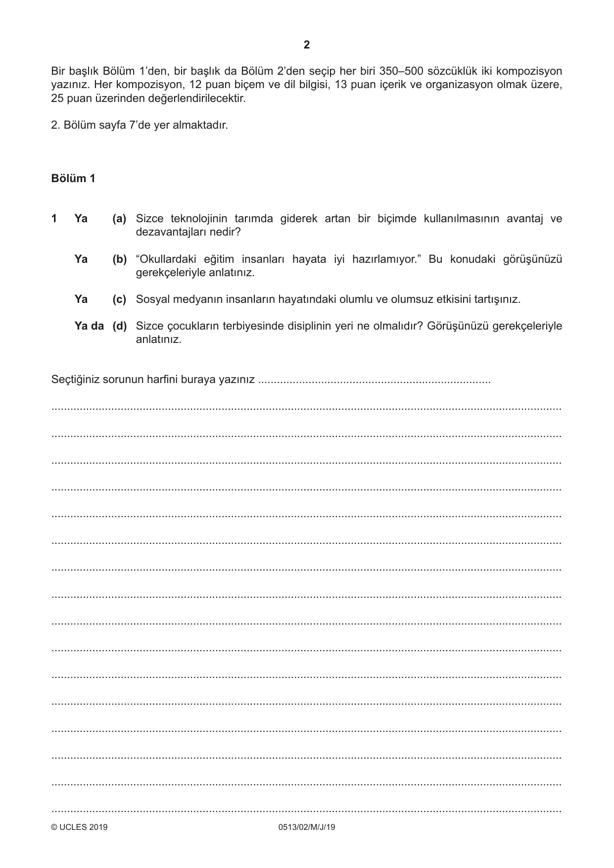 Cambridge IGCSE Turkish - First Language 0513 2019 May/June Paper 2 · Variant 1 question paper, page 2 of 12