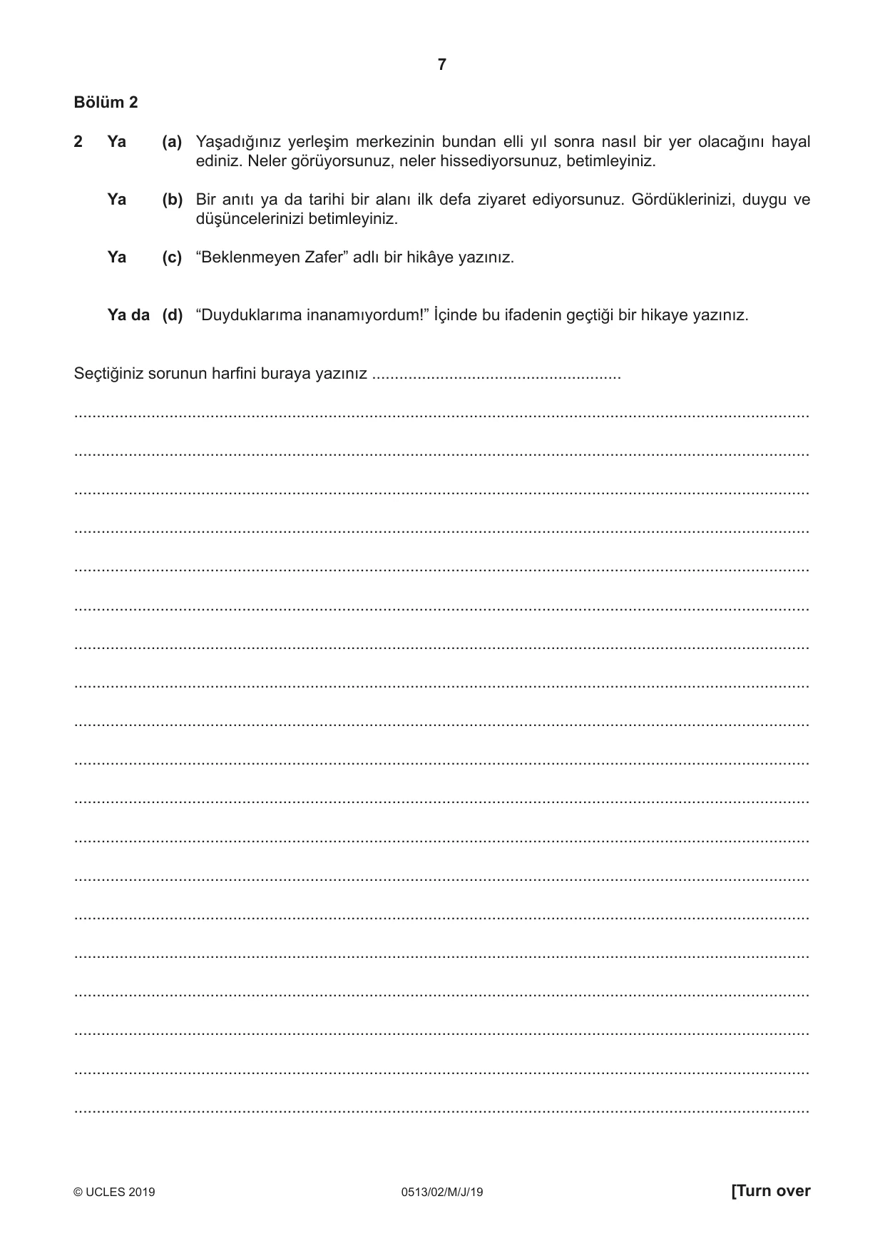 Cambridge IGCSE Turkish - First Language 0513 2019 May/June Paper 2 · Variant 1 question paper, page 7 of 12