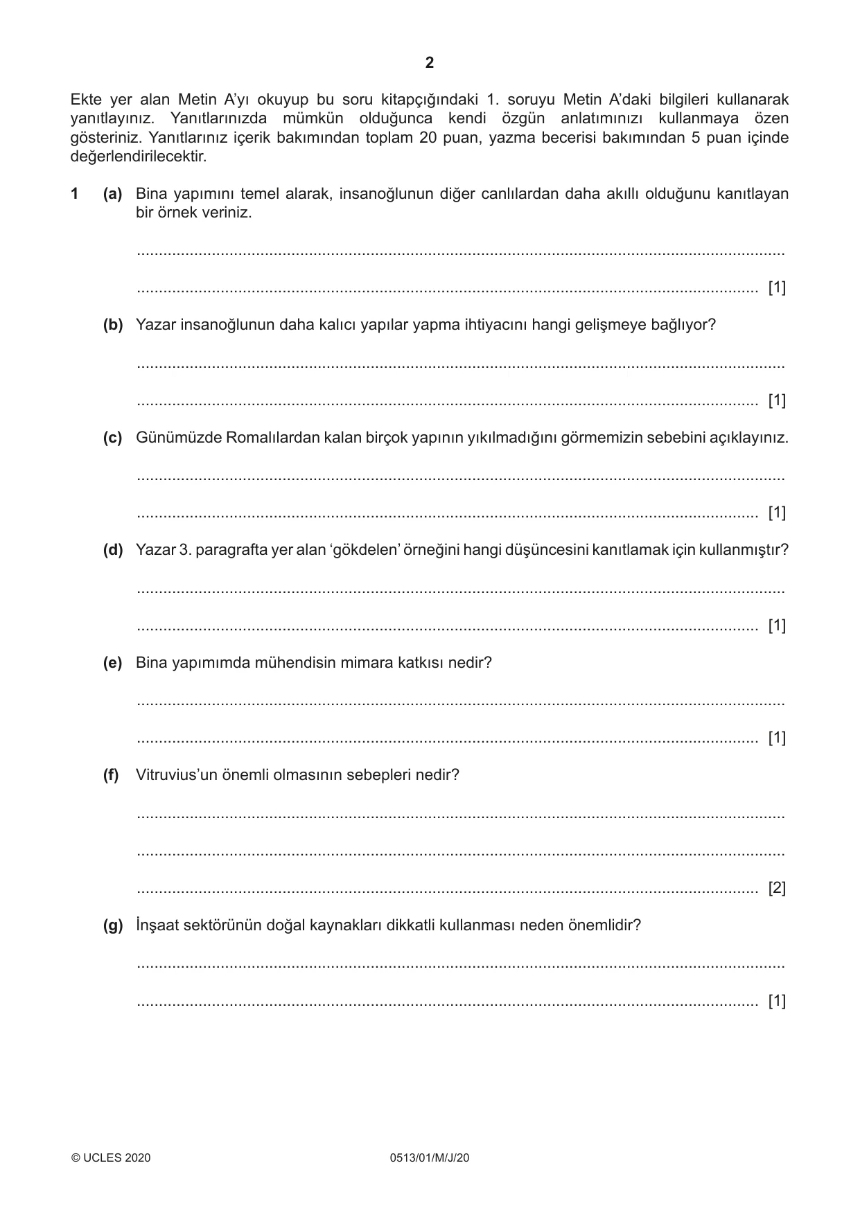 Cambridge IGCSE Turkish - First Language 0513 2020 May/June Paper 1 · Variant 0 question paper, page 2 of 8
