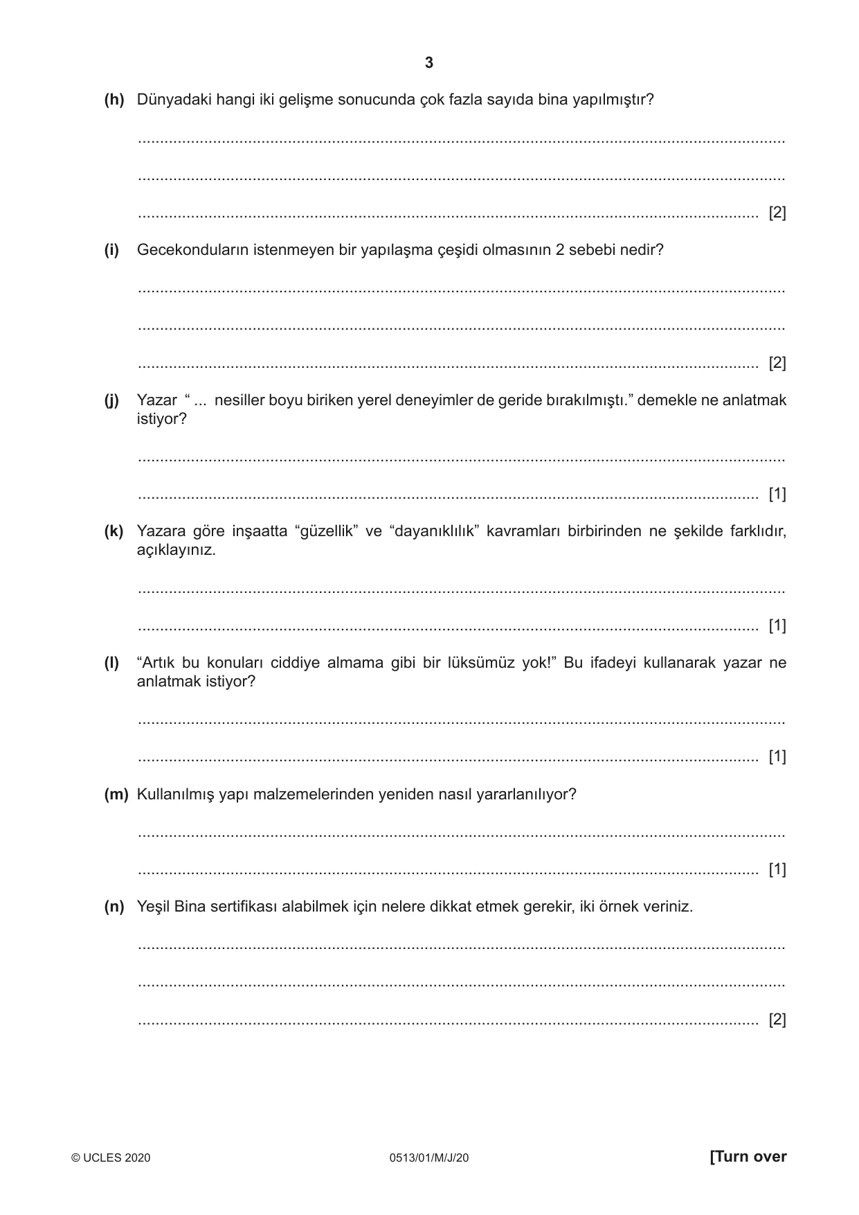 Cambridge IGCSE Turkish - First Language 0513 2020 May/June Paper 1 · Variant 0 question paper, page 3 of 8