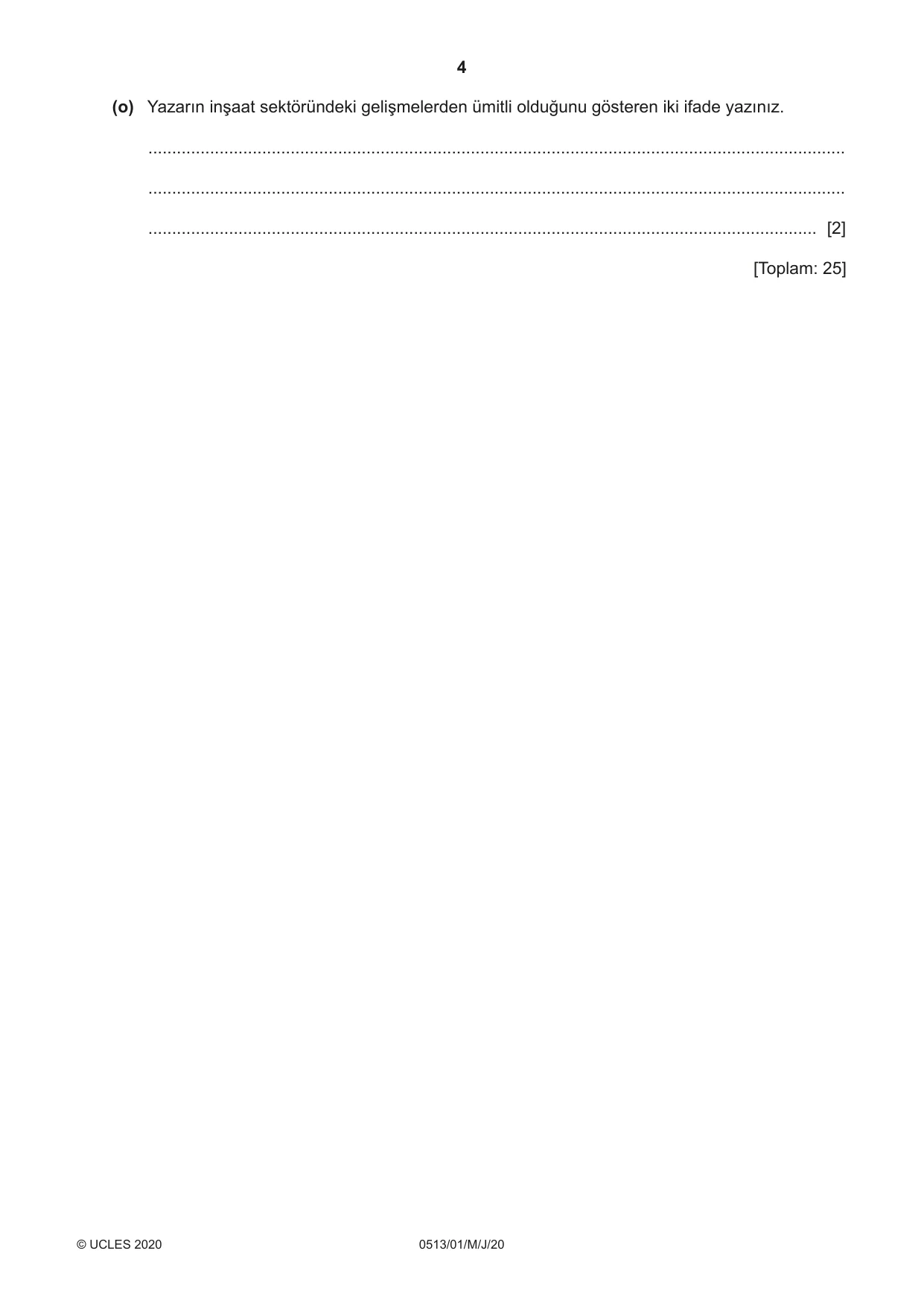 Cambridge IGCSE Turkish - First Language 0513 2020 May/June Paper 1 · Variant 0 question paper, page 4 of 8
