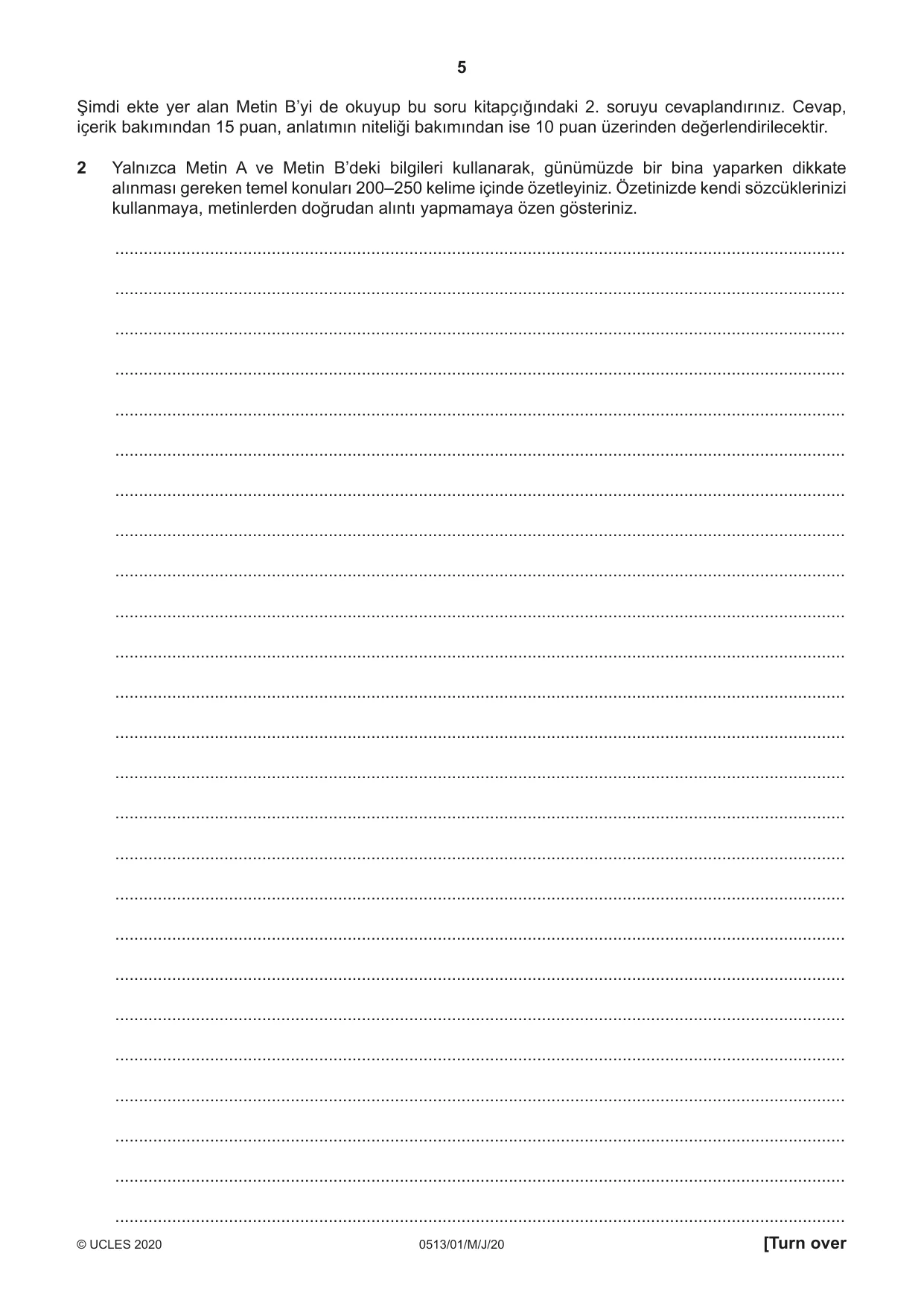 Cambridge IGCSE Turkish - First Language 0513 2020 May/June Paper 1 · Variant 0 question paper, page 5 of 8