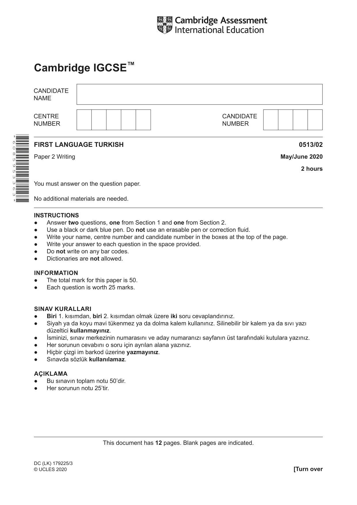 Cambridge IGCSE Turkish - First Language 0513 2020 May/June Paper 2 · Variant 0 question paper, page 1 of 12