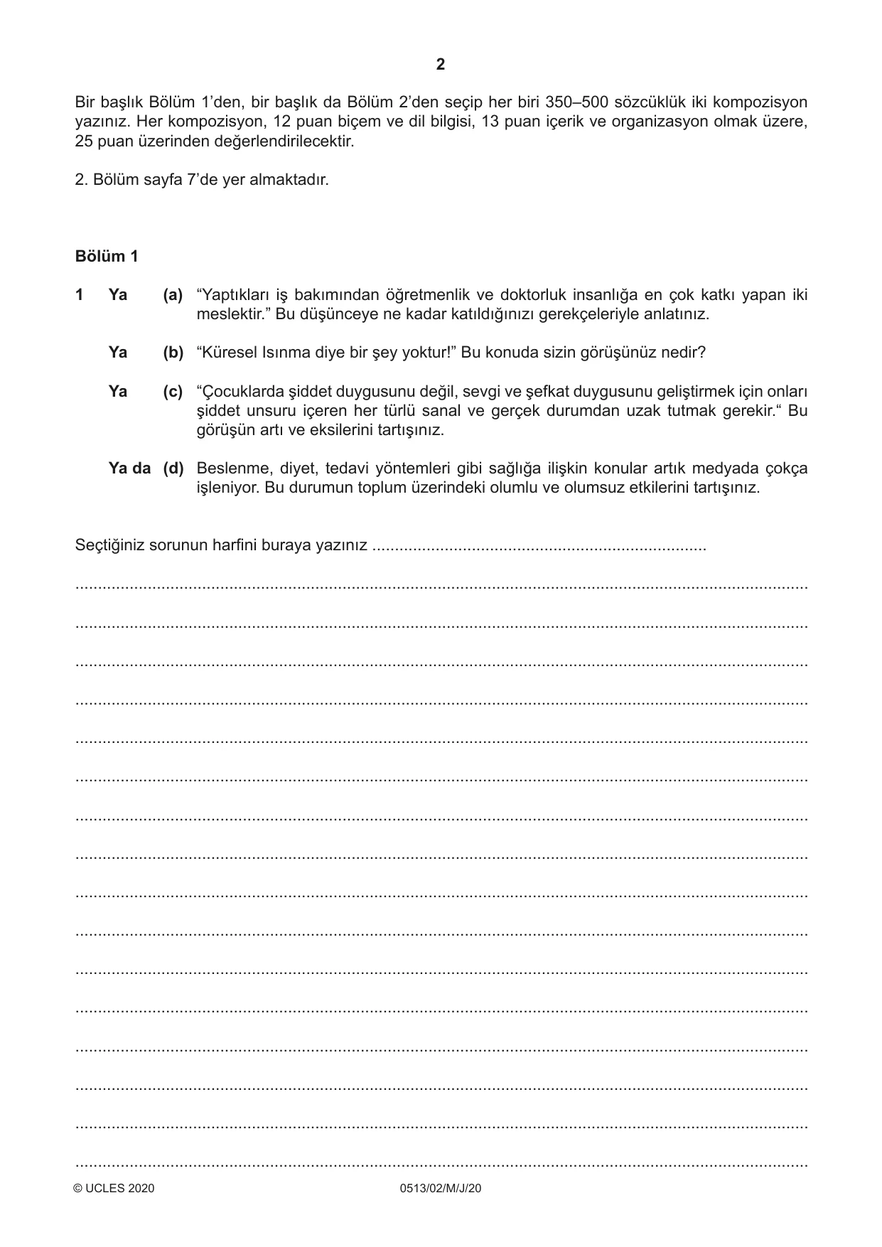 Cambridge IGCSE Turkish - First Language 0513 2020 May/June Paper 2 · Variant 0 question paper, page 2 of 12