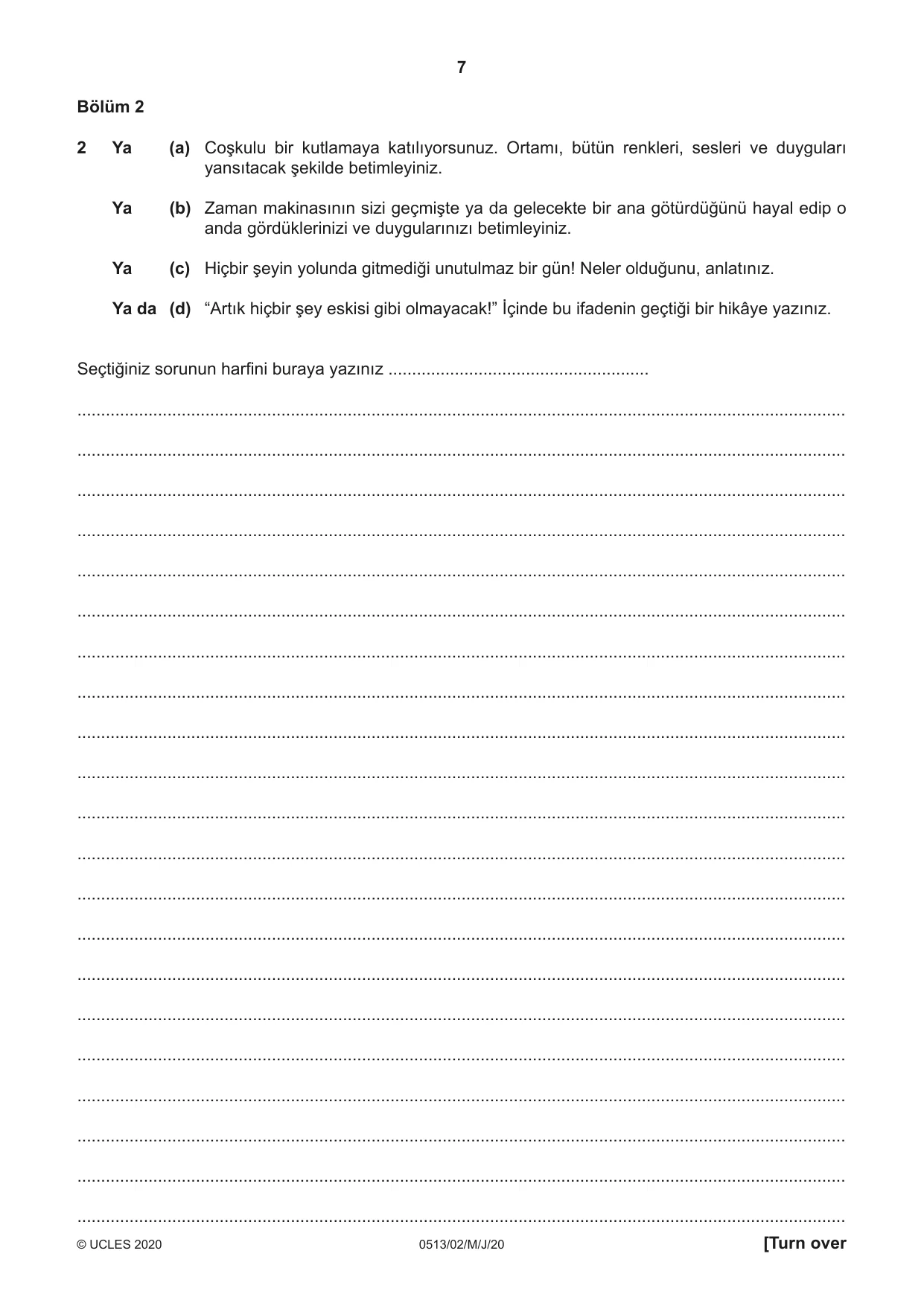 Cambridge IGCSE Turkish - First Language 0513 2020 May/June Paper 2 · Variant 0 question paper, page 7 of 12